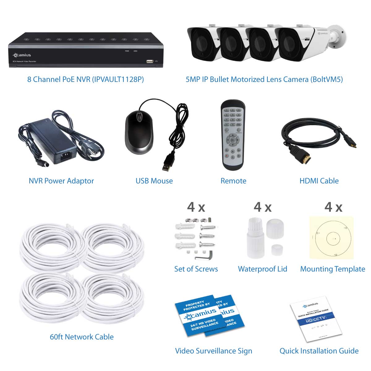 New - Camius 8 Channel 4K NVR security system, 4TB HDD, 4 x 5MP 10x Zoom Intelligent IP PoE Outdoor Bullet cameras with motorized varifocal lens 5-50mm, 260ft night vision, audio, alarm input & output