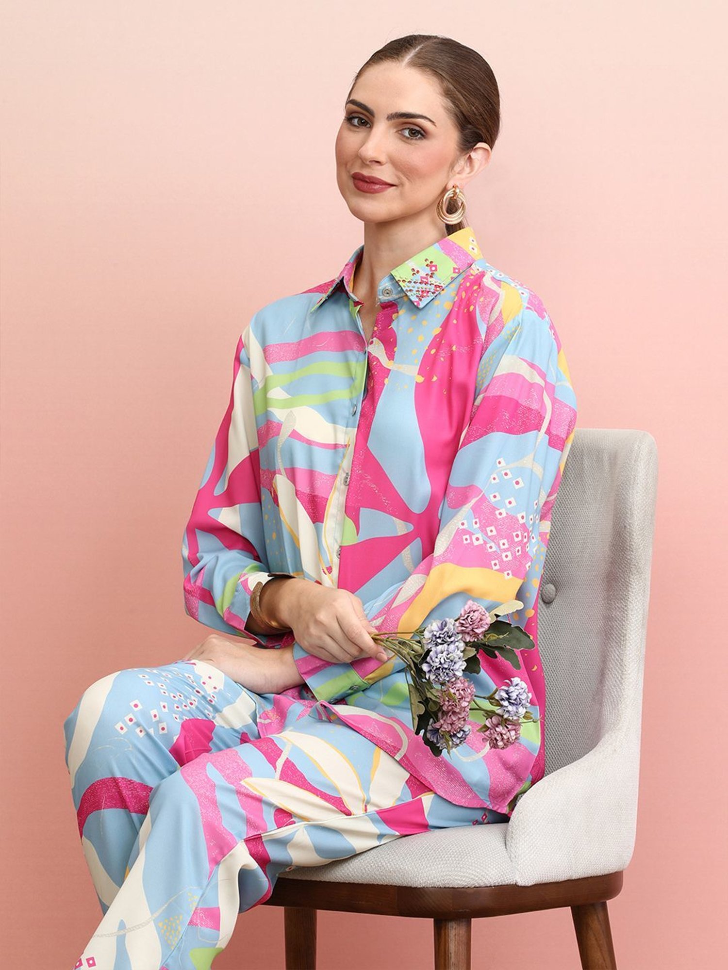 Indo Era Blue Printed Shirt Pant Set