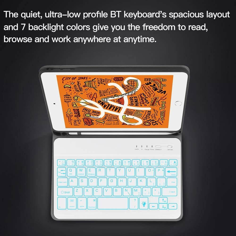 iPad Keyboard Case for iPad 7.9 JUQITECH Smart Case with Backlit Keyboard for iPad Mini 5 5th Gen Mini 4 Detachable Wireless Tablet Rechargeable Back lit Keyboard Cover Case with Pencil Holder Gray