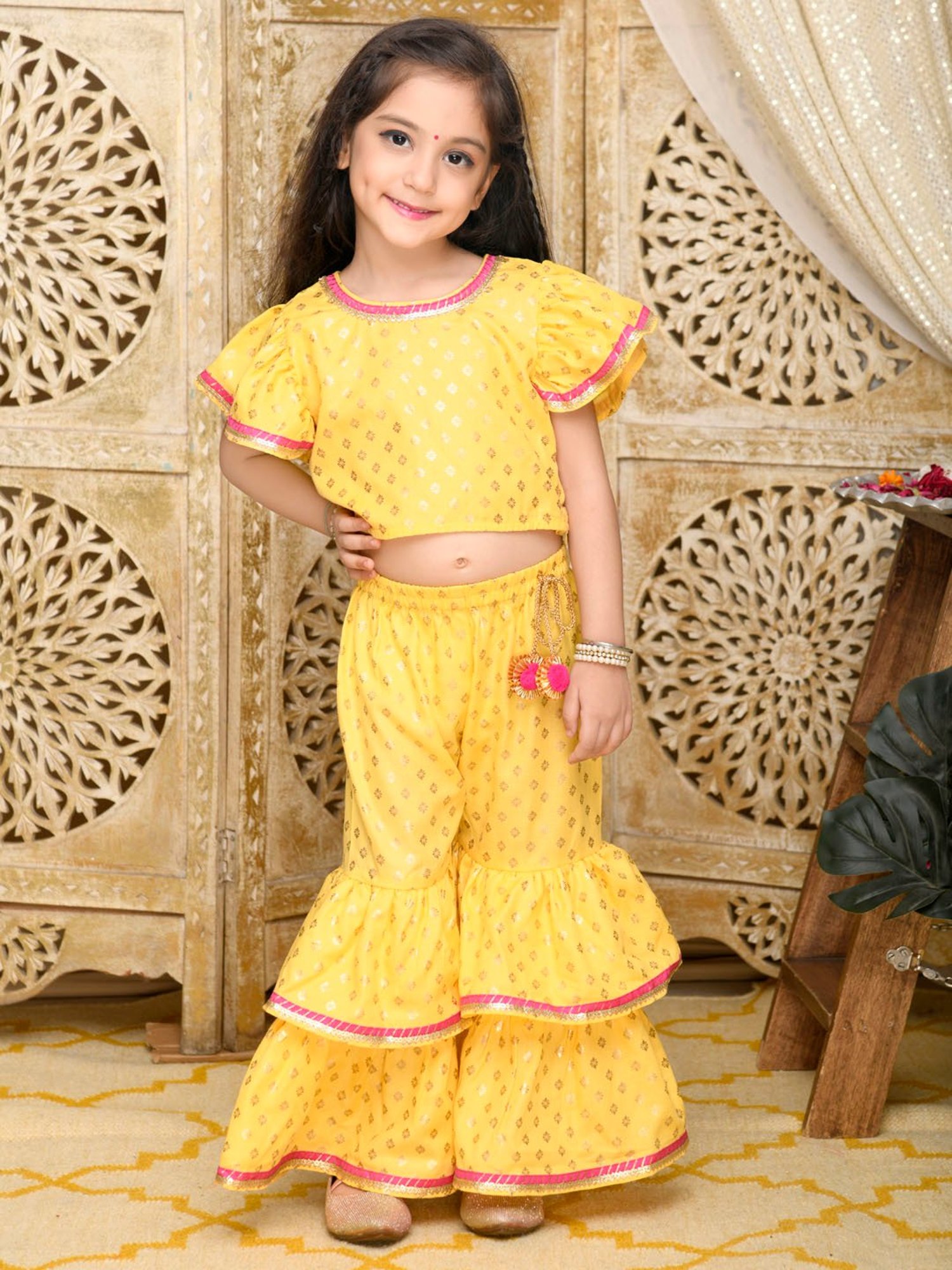 Saka Designs Kids Yellow & Gold Printed Top with Sharara