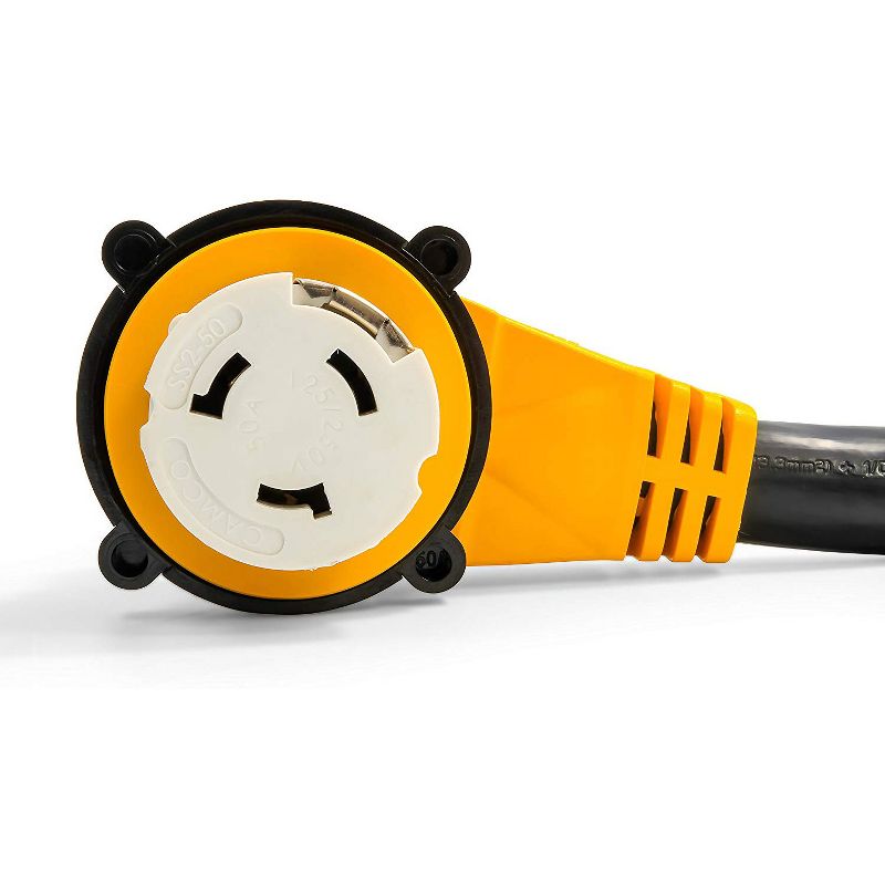 Camco 55574 PowerGrip 25 Foot Long 50 Amp RV Power Cord Cable with 50 Amp Male Plug and 50 Amp Female 90 Degree Locking Adapter