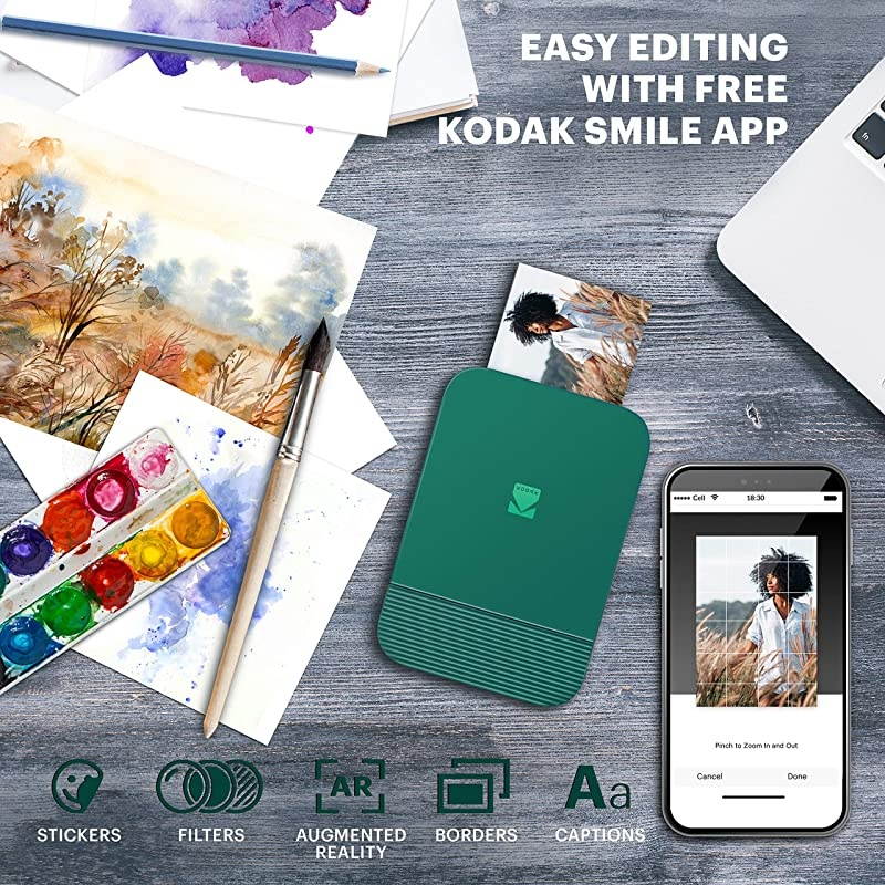 KODAK Smile Instant Digital Bluetooth Printer for iPhone Android Edit Print Share 2x3  Photos w Smile App Green