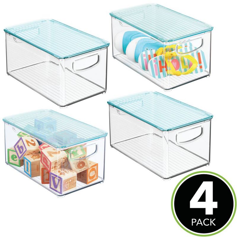 mDesign Plastic Storage Organizer Bin, Lid for Kids Supplies, 4 Pack, Clear/Blue