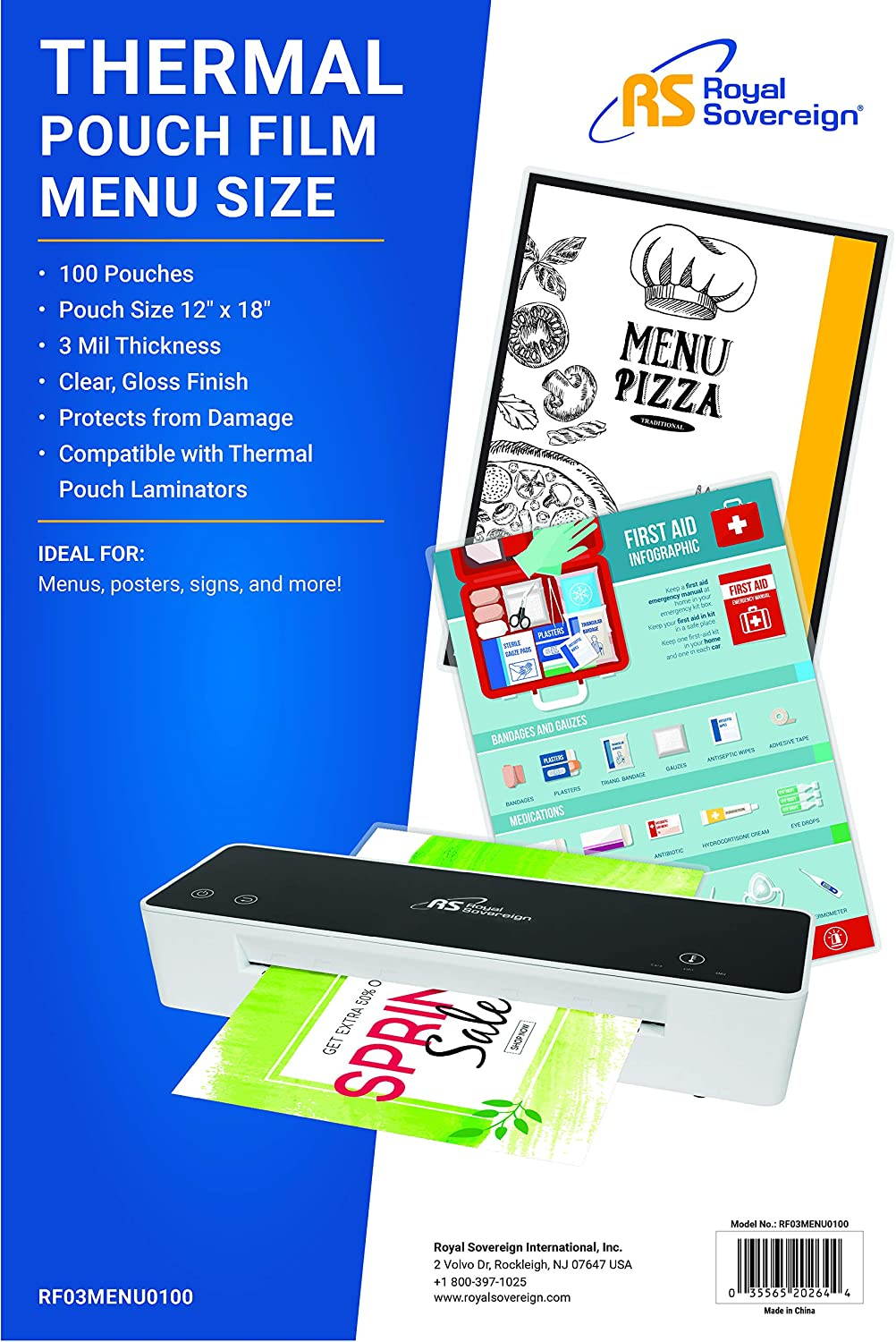 Royal Sovereign RF03MENU0100 12" x 18" Menu Size Thermal Laminating Pouches, 3mil - 100 Pack