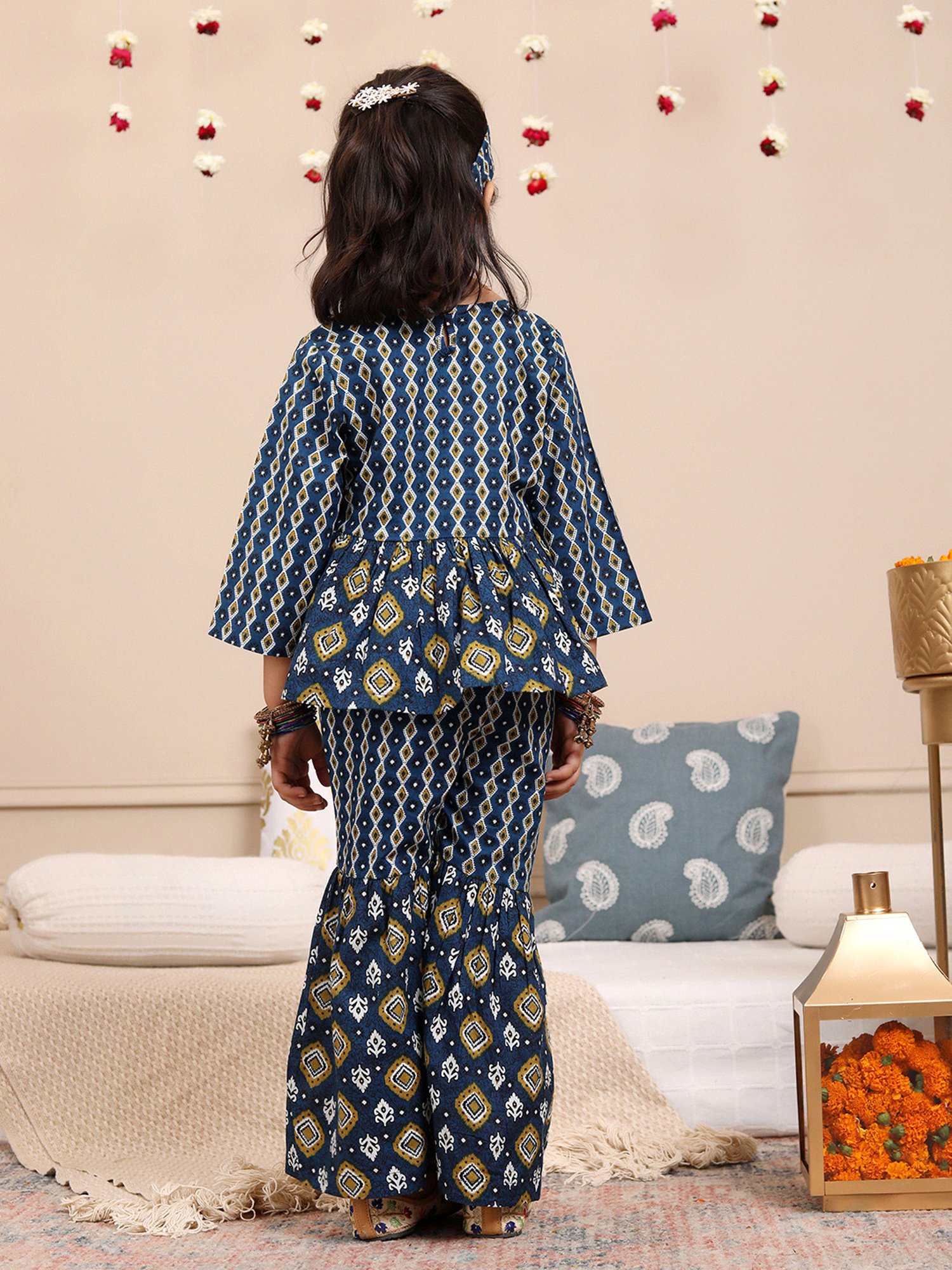 Budding Bees Girls Navy Printed Full Sleeves Top, Gharara with Hairband