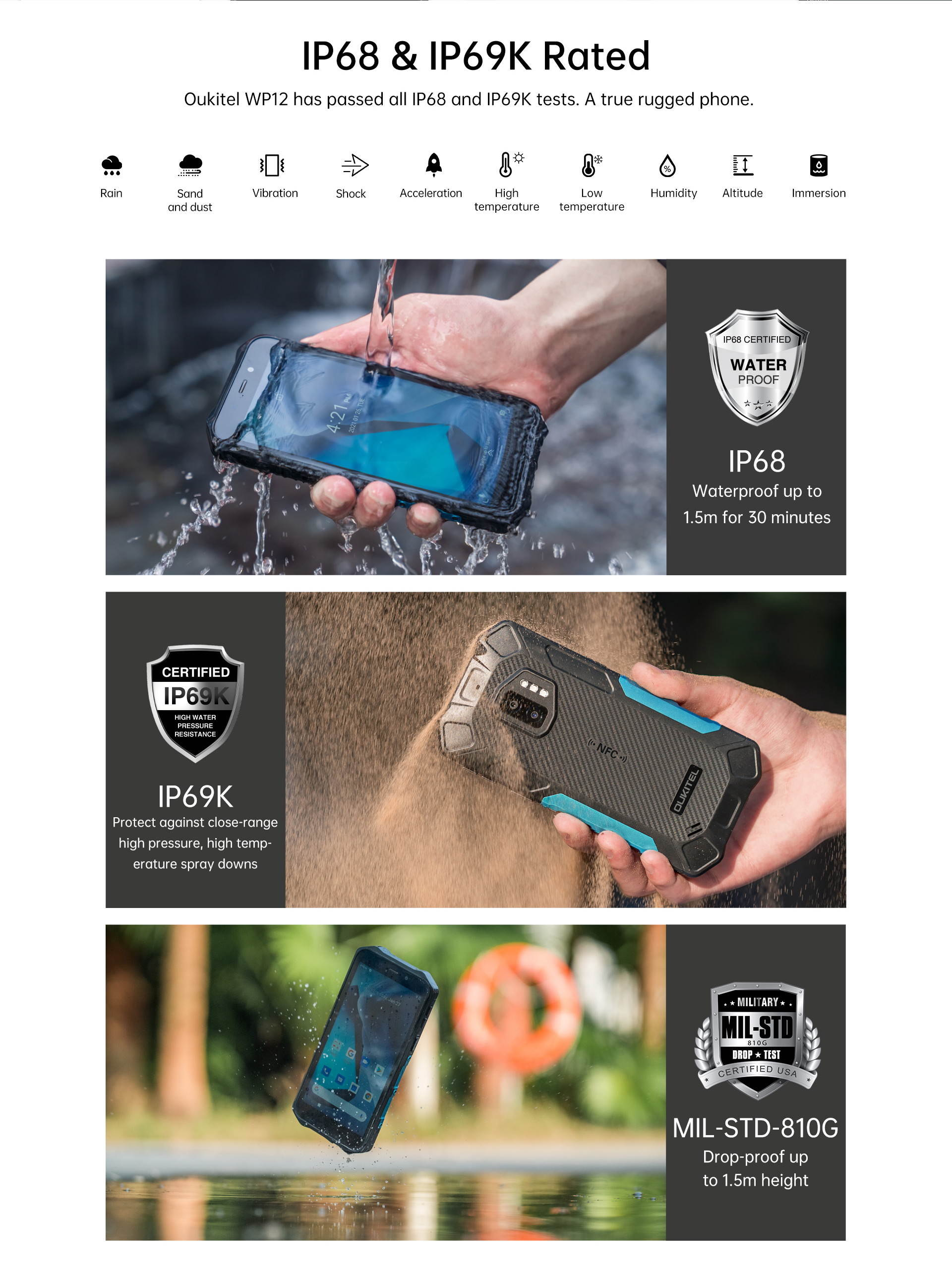 Rugged IP68 / 69K WP12 Smartphone 4GB + 32GB 4000mAh Quad Core Android11 Mobile Phone 5.5 "HD + 500W / 1300W 13MP Camera Phone