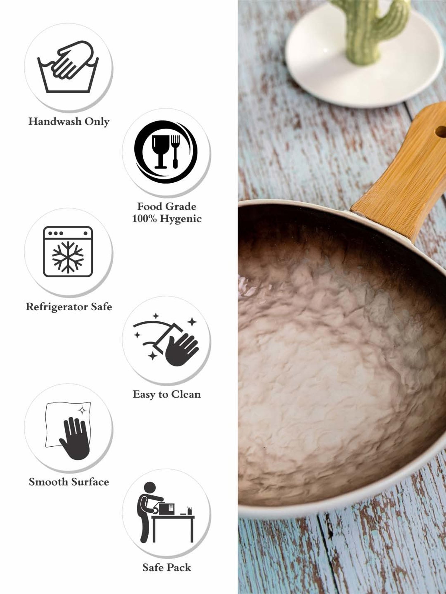 White Gold White & Brown Porcelain Serving Bowl With Wooden Handle