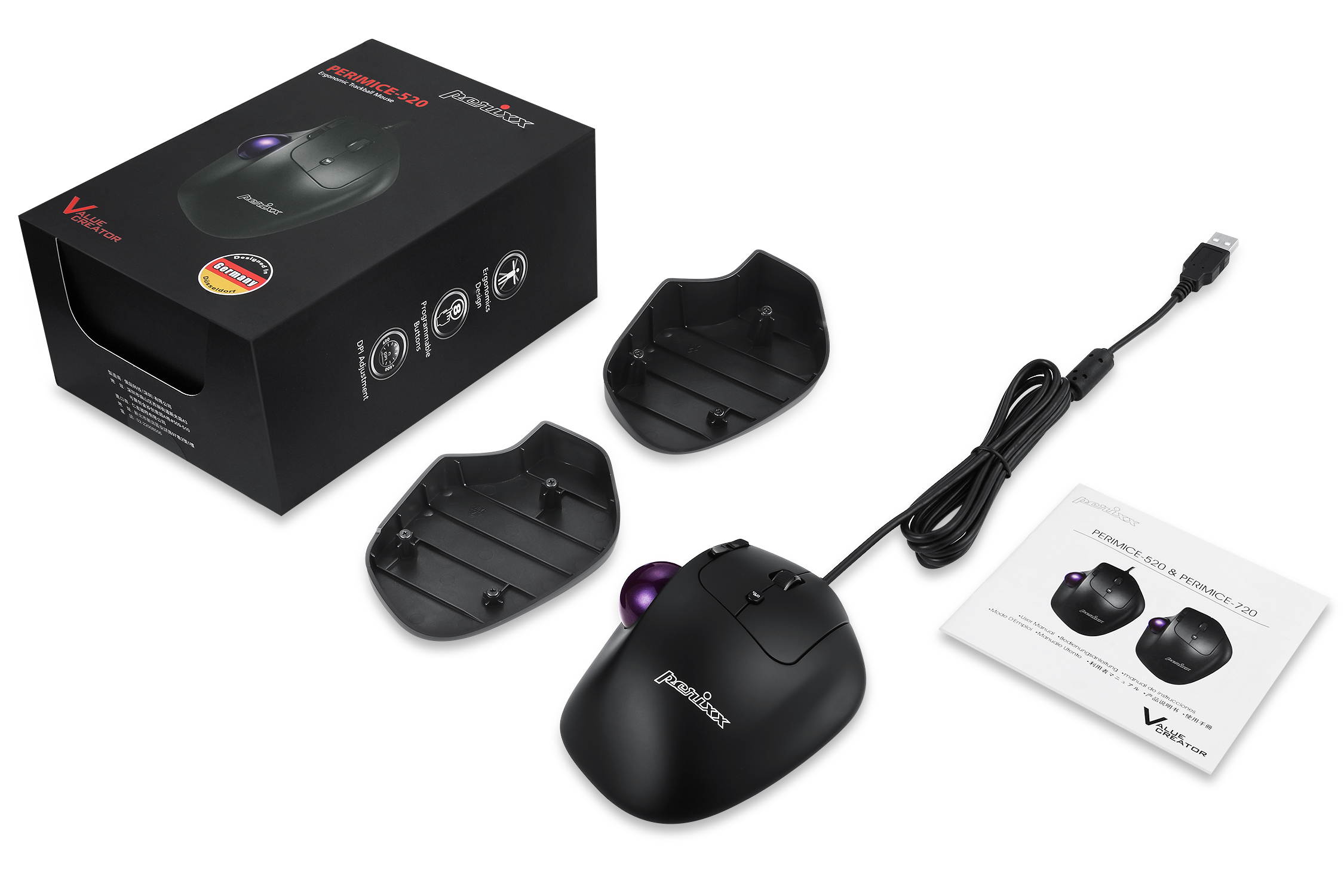 Perixx PERIMICE-520 Wired USB Ergonomic Trackball Mouse, Adjustable Angle, 8 Button Design, Black