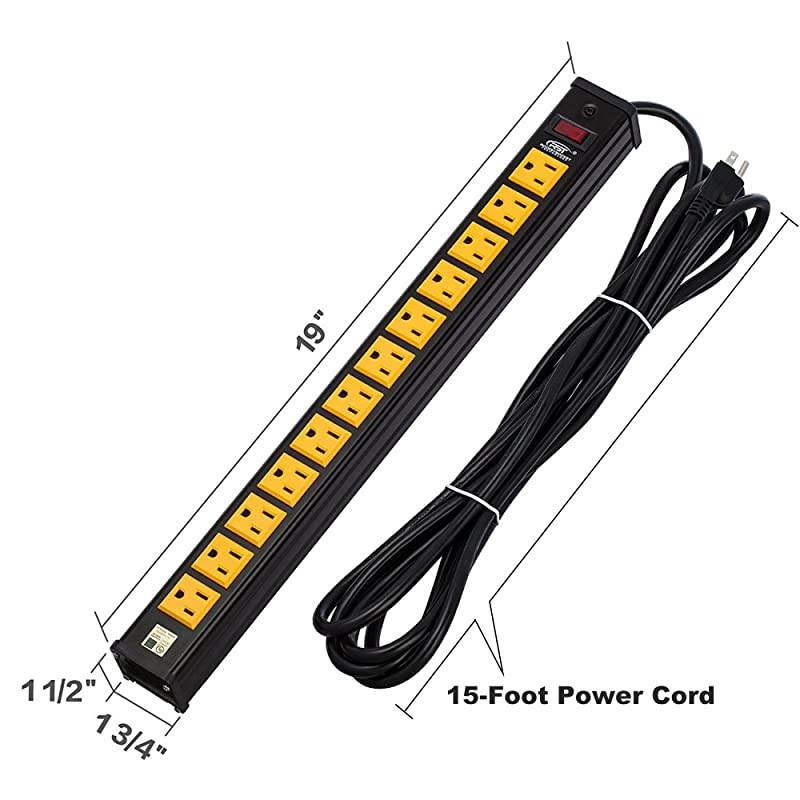 12-Outlet Heavy-Duty Power Strip with 15 Amps, 15-Foot Power Cord for Kitchen, Office, School (UL Listed)