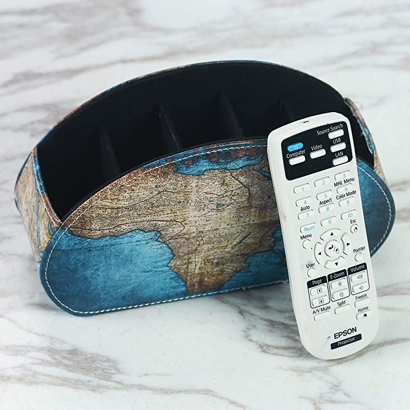Remote Control Holder, PU Leather Remote Caddy Desktop Organizer with 5 Spacious Compartments for TV Remotes/Media Controllers/Office Supplies(Vintage Map)