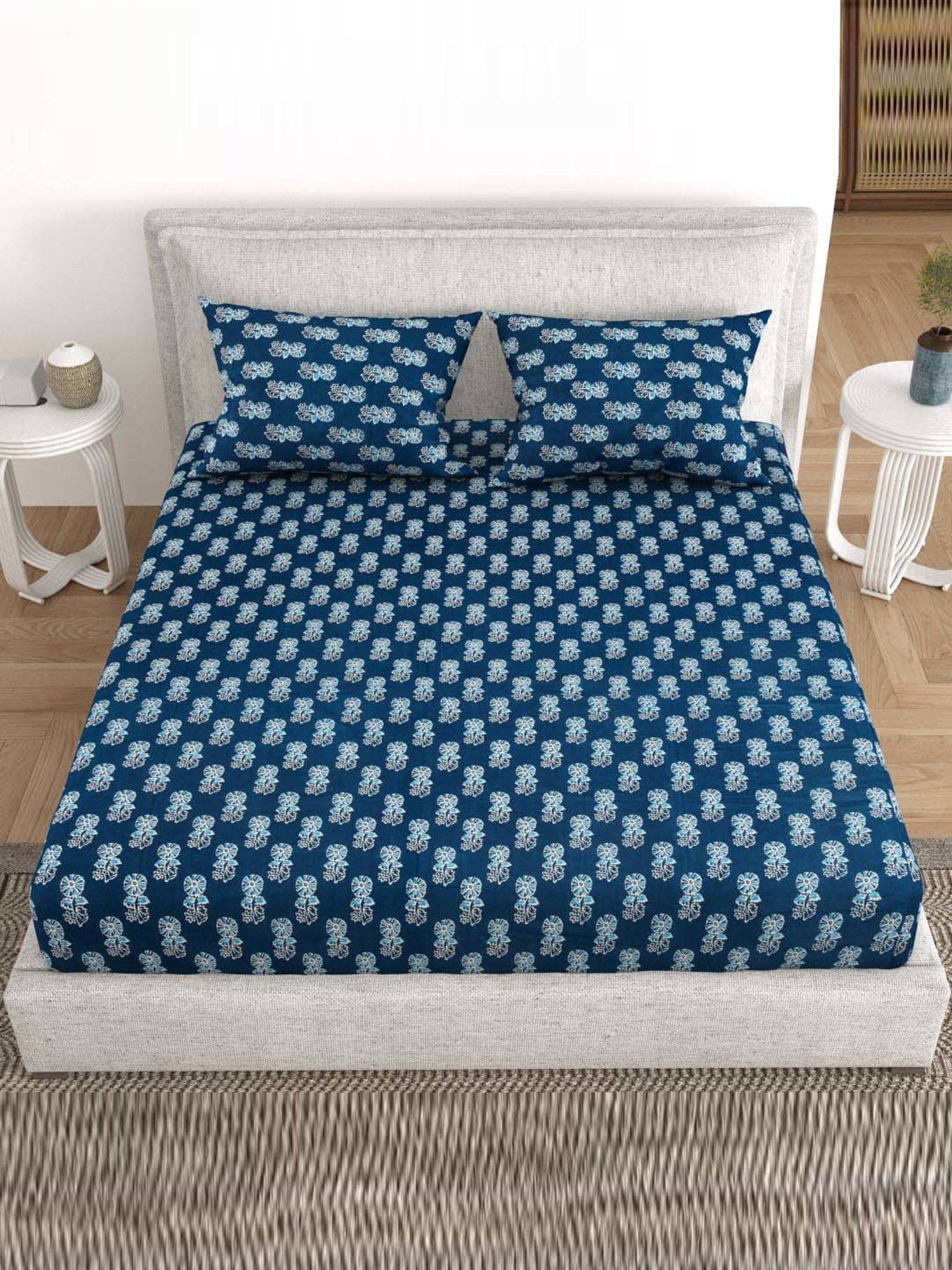 BELLA CASA Indus Collection Blue Cotton 200 TC King Bedsheet with 2 Pillow Covers