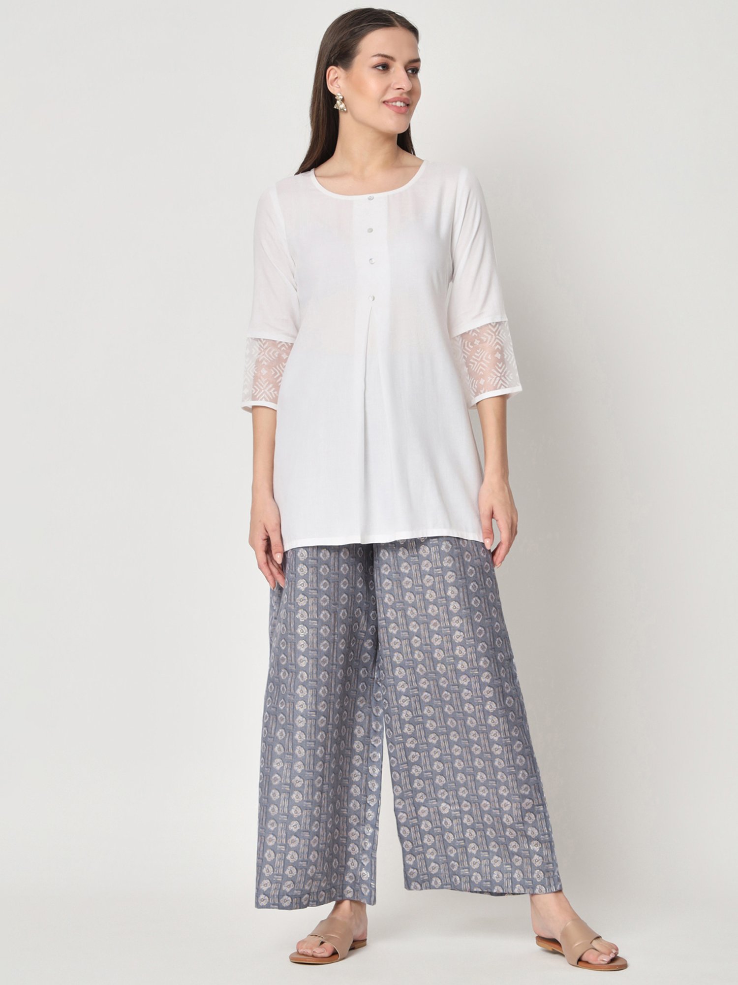 9rasa Grey Cotton Gold Foil Print Palazzos