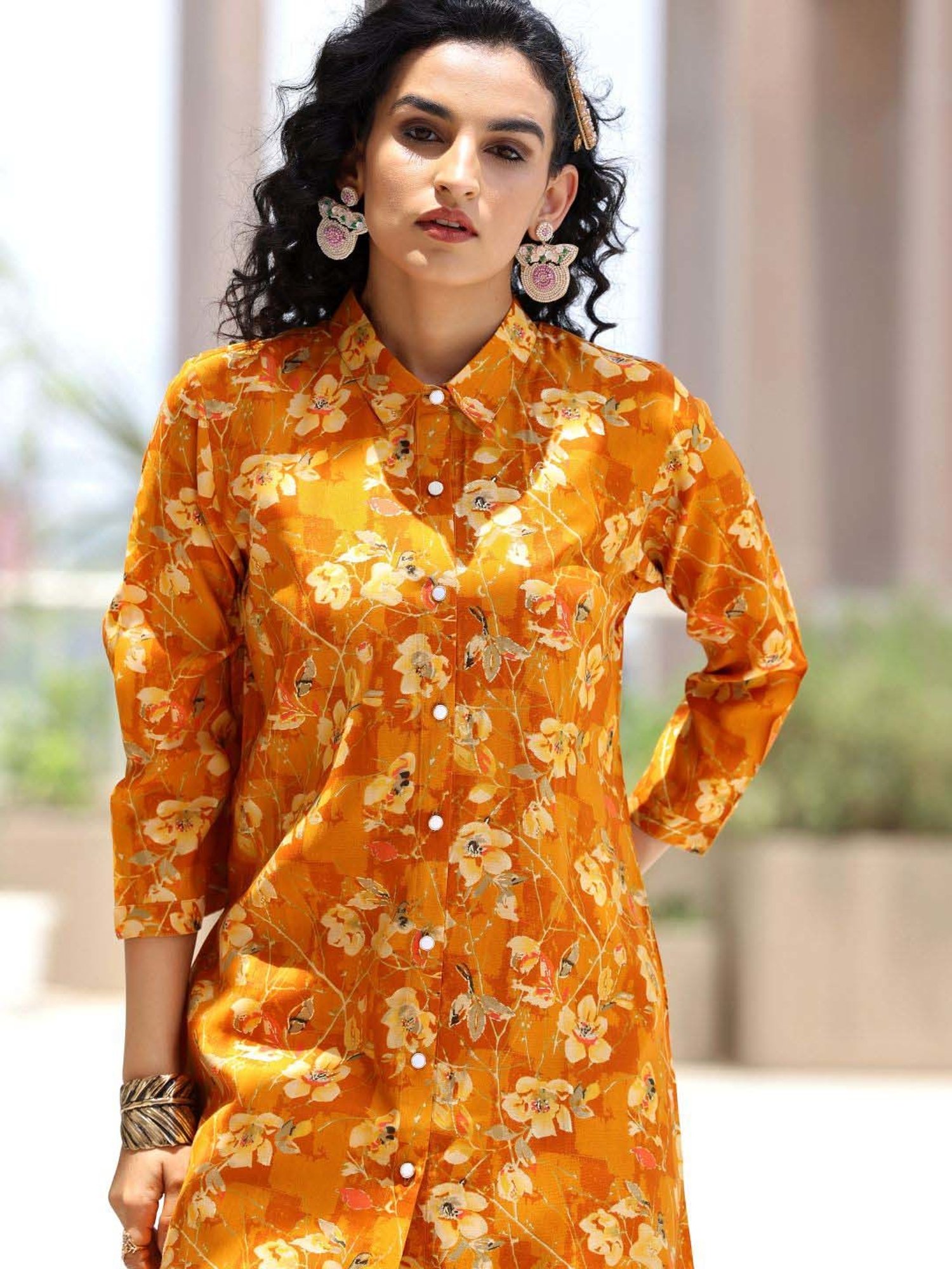 Libas Mustard Printed Silk Blend Co-Ords