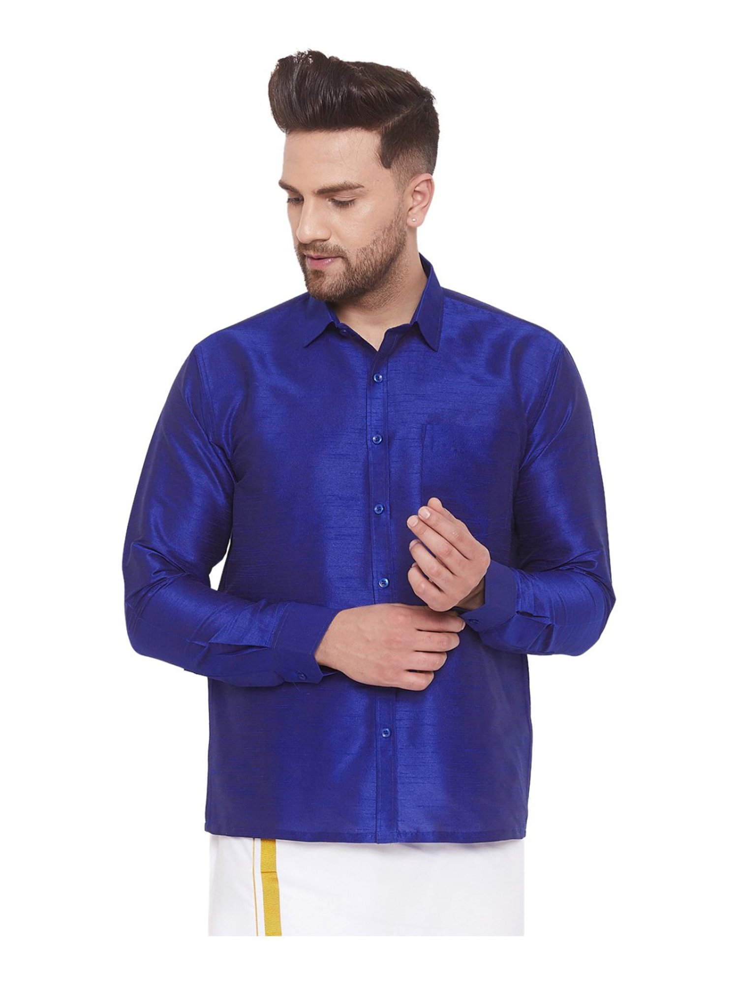VASTRAMAY Blue Straight Fit Self Pattern Ethnic Shirt