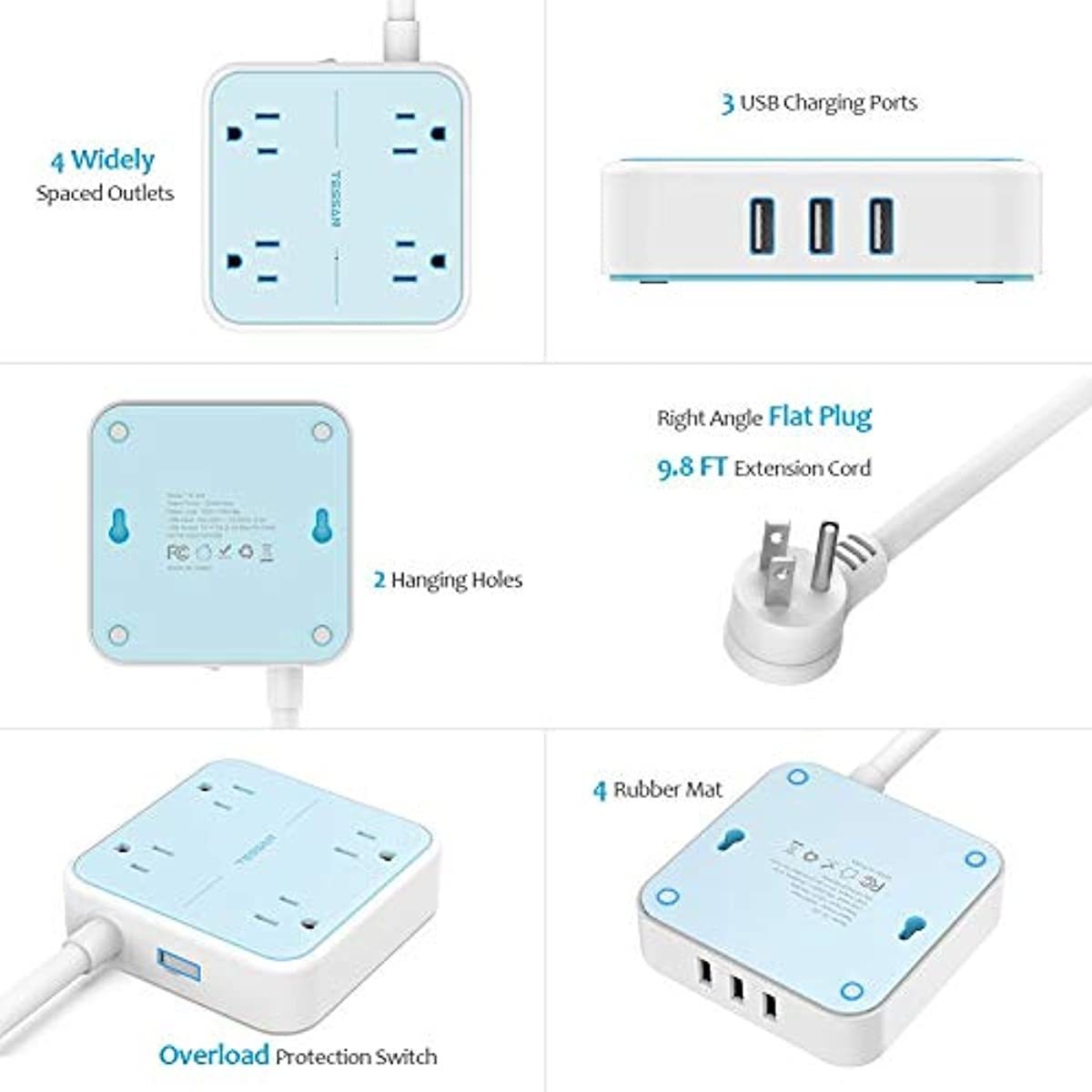 Flat Plug USB Power Strip with 9.8 FT Extension Cord, TESSAN 4 Widely Spaced Outlets 3 USB Charging Station, Compact Wall Mountable, 1250W/10A for Home, Office, Dorm Essentials, Blue
