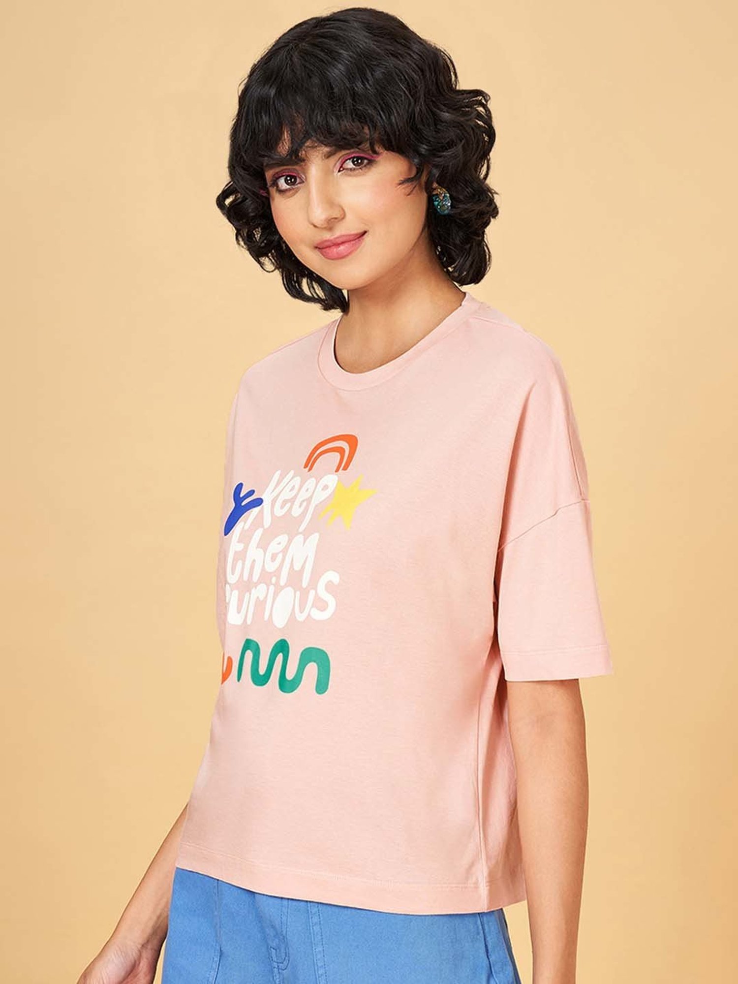 People by Pantaloons Pink Cotton Printed T-Shirt