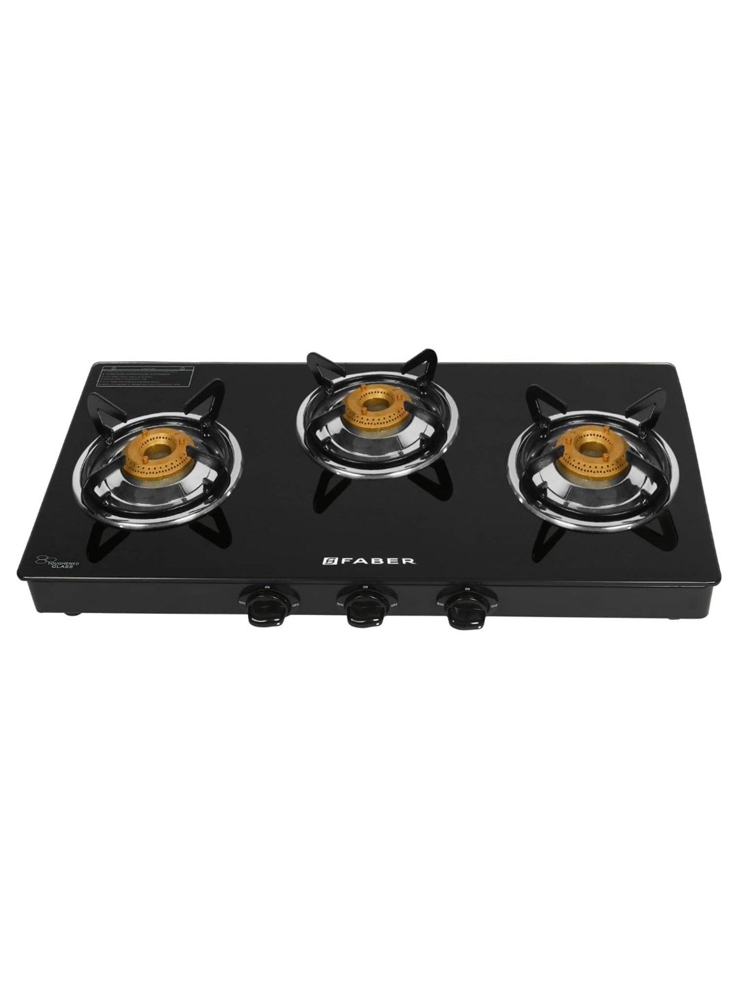 Faber Glass Top 3 Burner Gas Stove with Powder Coated Pan Support & Manual Ignition (Black)