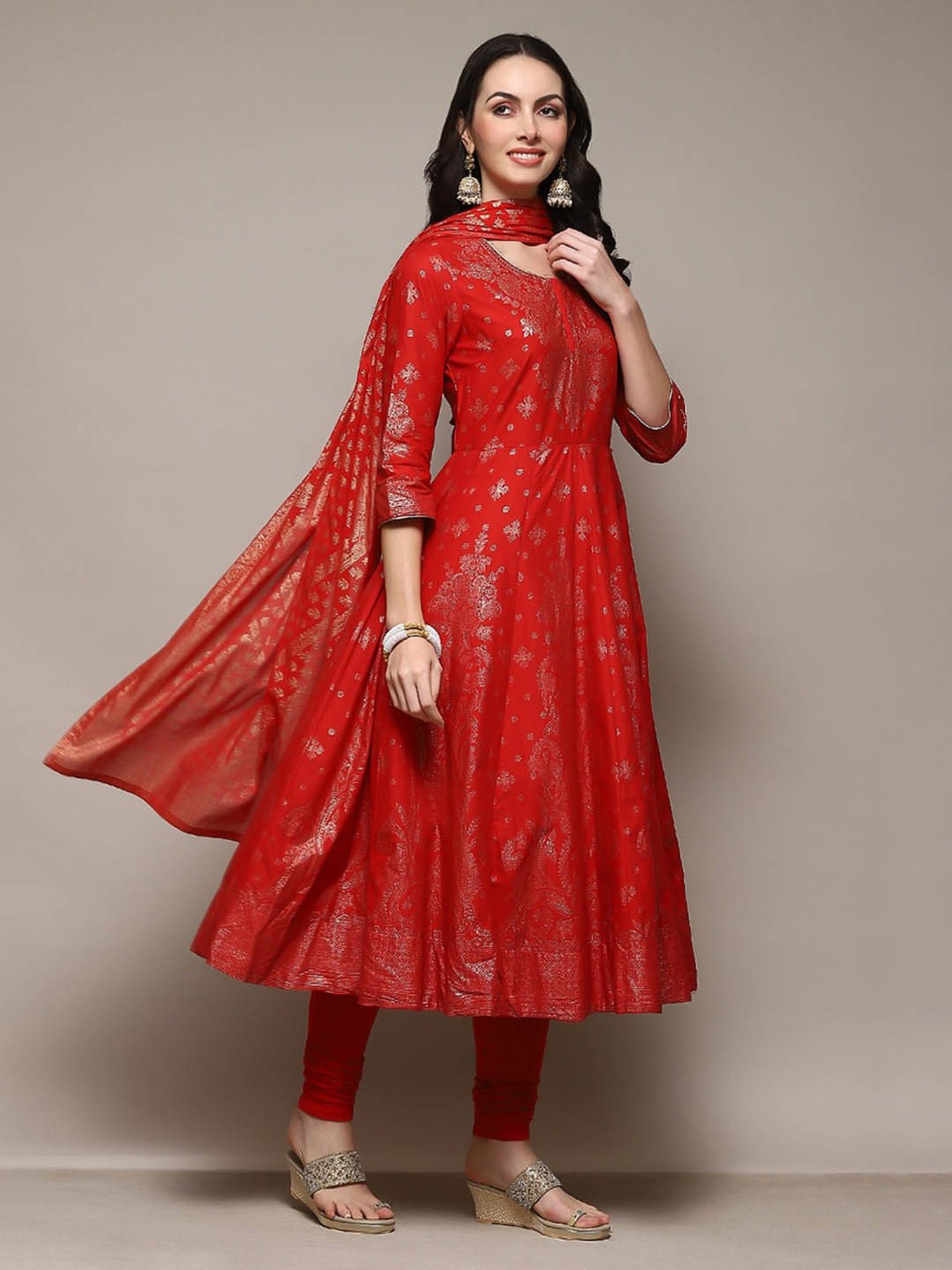 Biba Red Cotton Printed Anarkali Kurta With Churidar & Dupatta