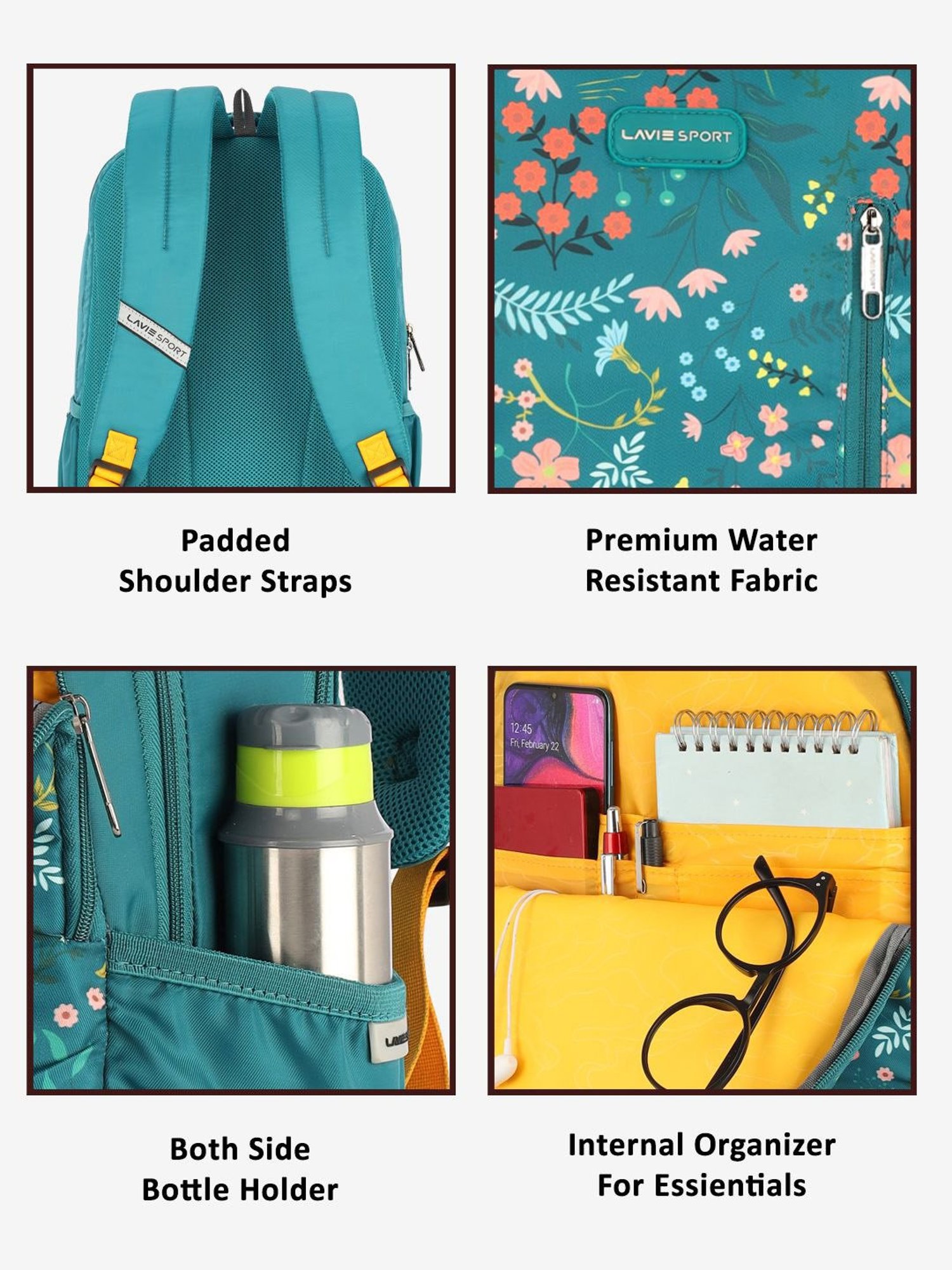 Lavie Sport Radiant 26L Floral Printed School Backpack for Girls (Teal)