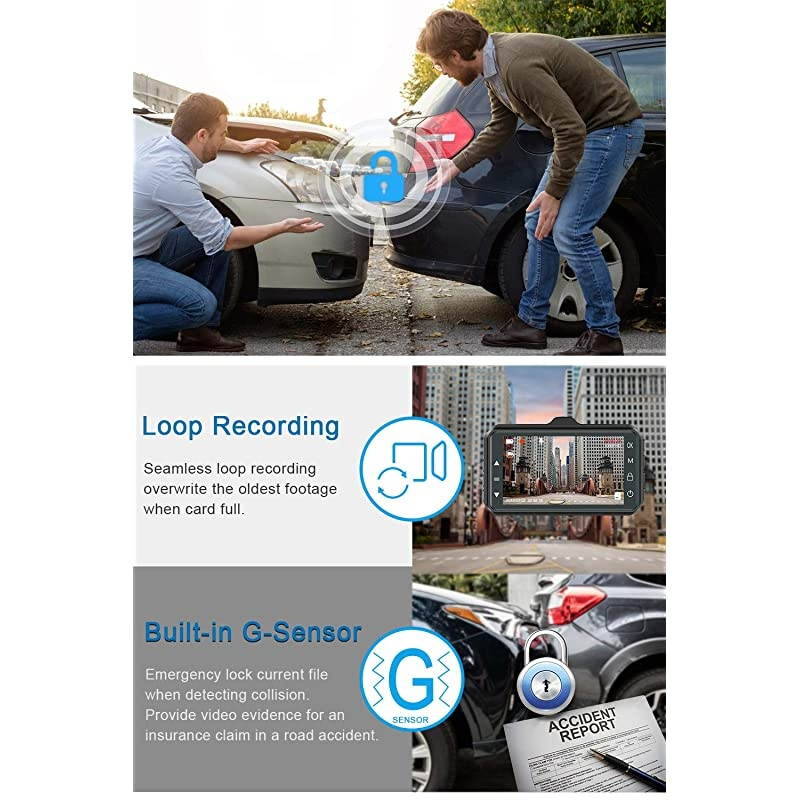 Dash Cam Front and Rear  Dual Dash Cam 3 inch Dashboard Camera Full HD 170&deg; Wide Angle Backup Camera with Night Vision WDR GSensor Parking Monitor Loop Recording Motion Detection