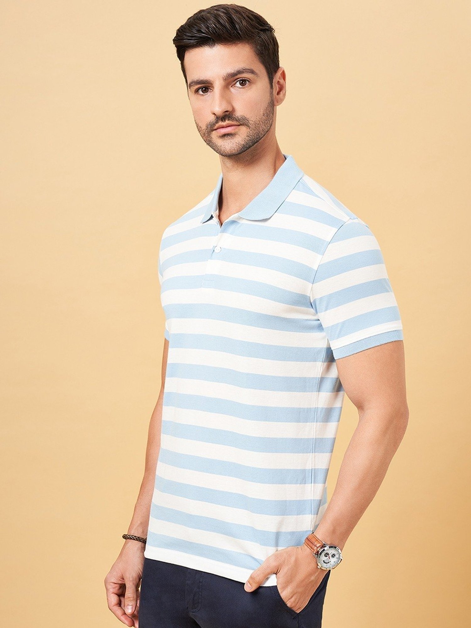 Byford by Pantaloons Blue Slim Fit Striped Polo T-Shirt