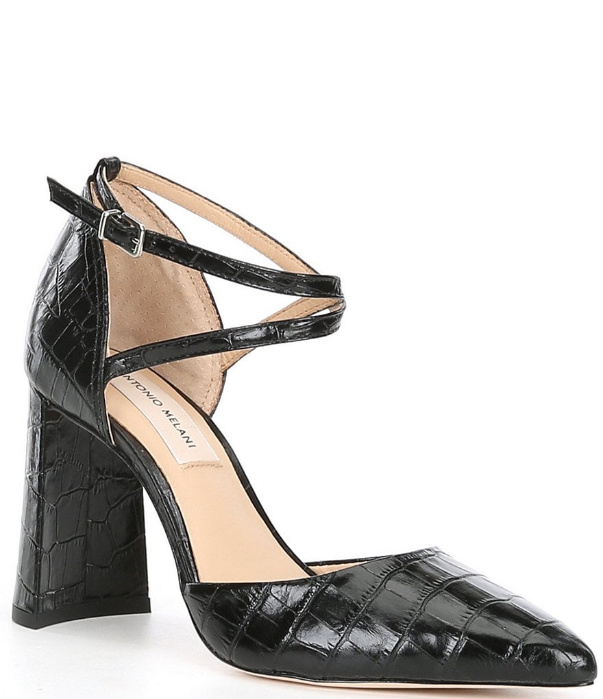 Deltan Tessa Croc-Embossed T-Strap Block Heel Pumps