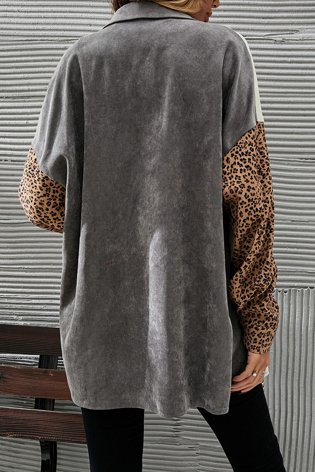 Gray Color Block Leopard Patchwork Casual Corduroy Shacket