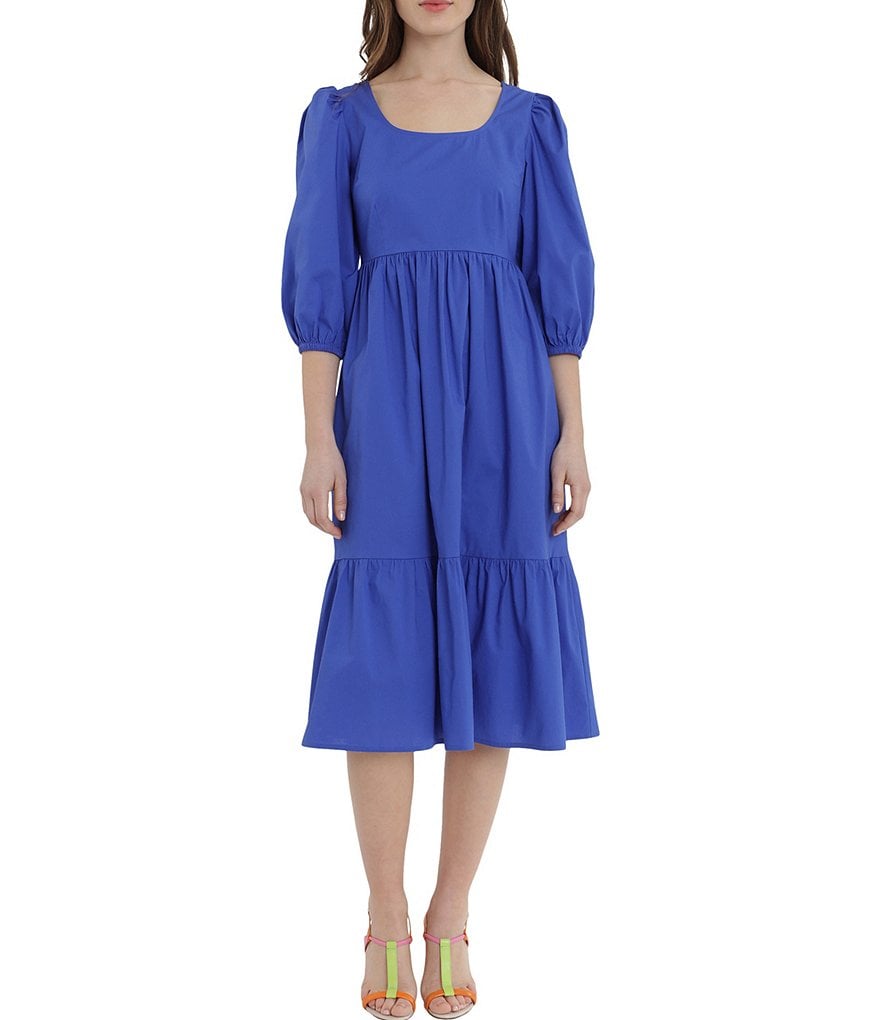 Donna Morgan Scoop Neck 3/4 Puff Sleeve Ruffle Midi Poplin Dress