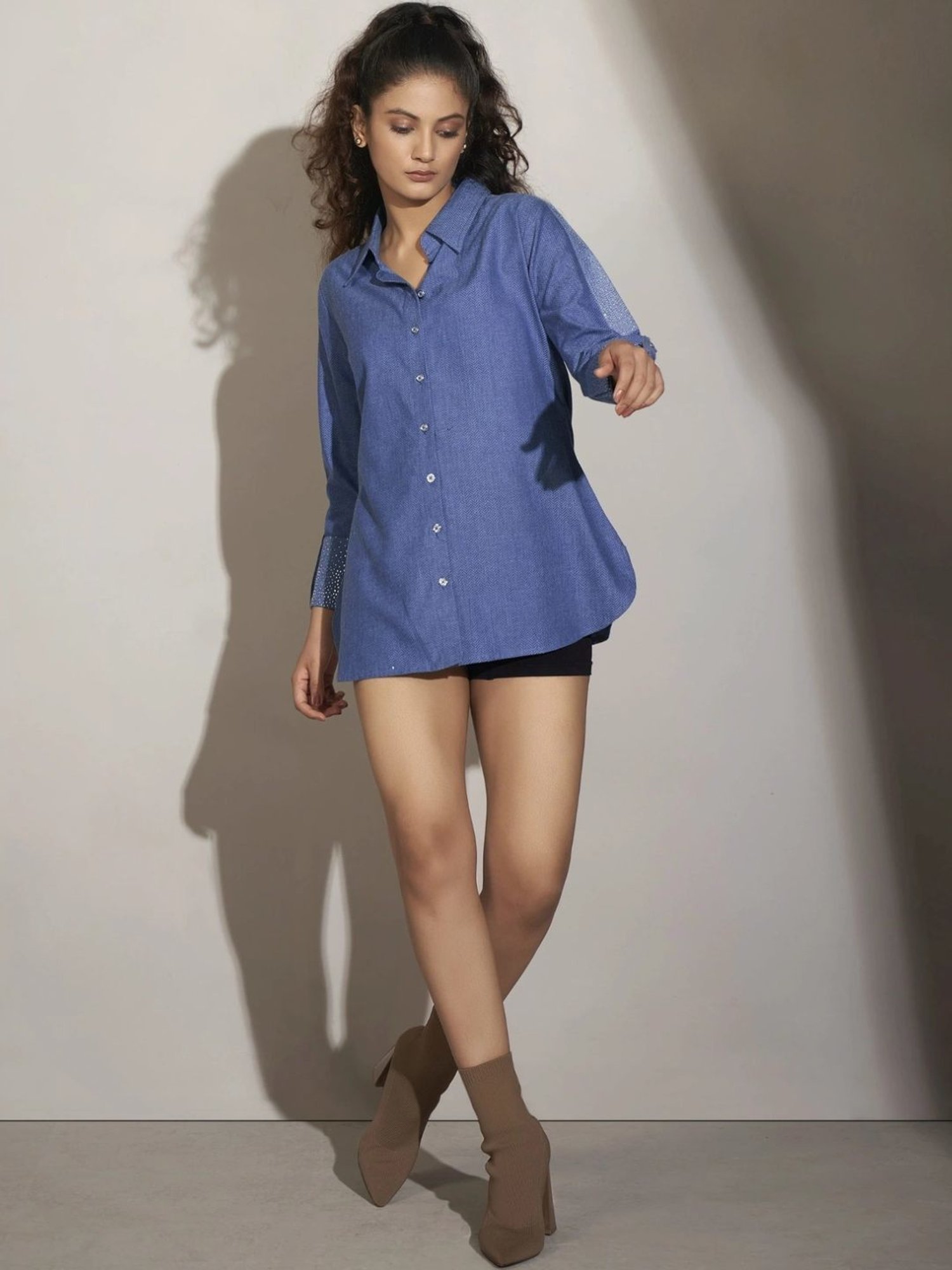 Kaftanize Blue Self Twill Texture Rhinestone Work Kameez Shirt