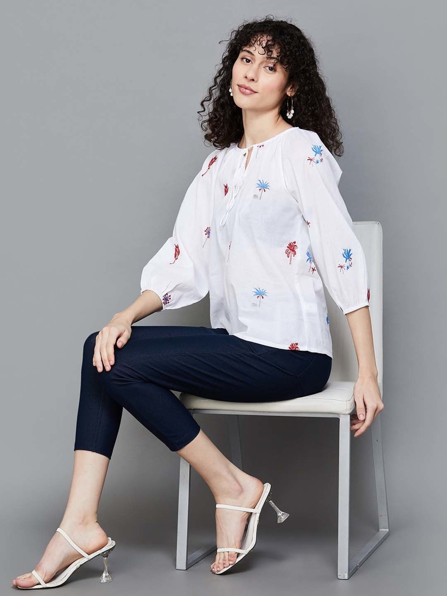 Colour Me by Melange White Cotton Embroidered Top