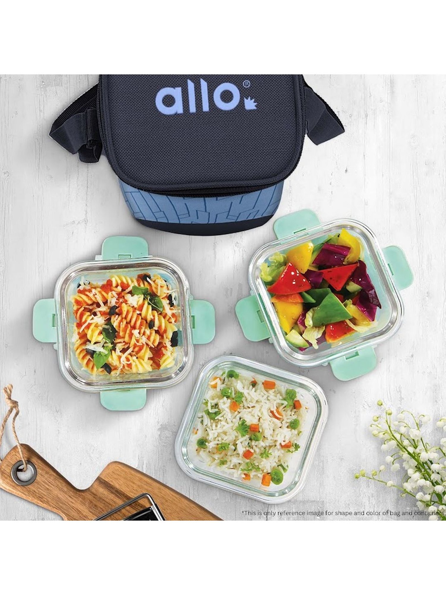 Borosilicate Glass Lunch Box Microwave Oven Safe with Detachable Lock and Space Blue Tiffin Bag