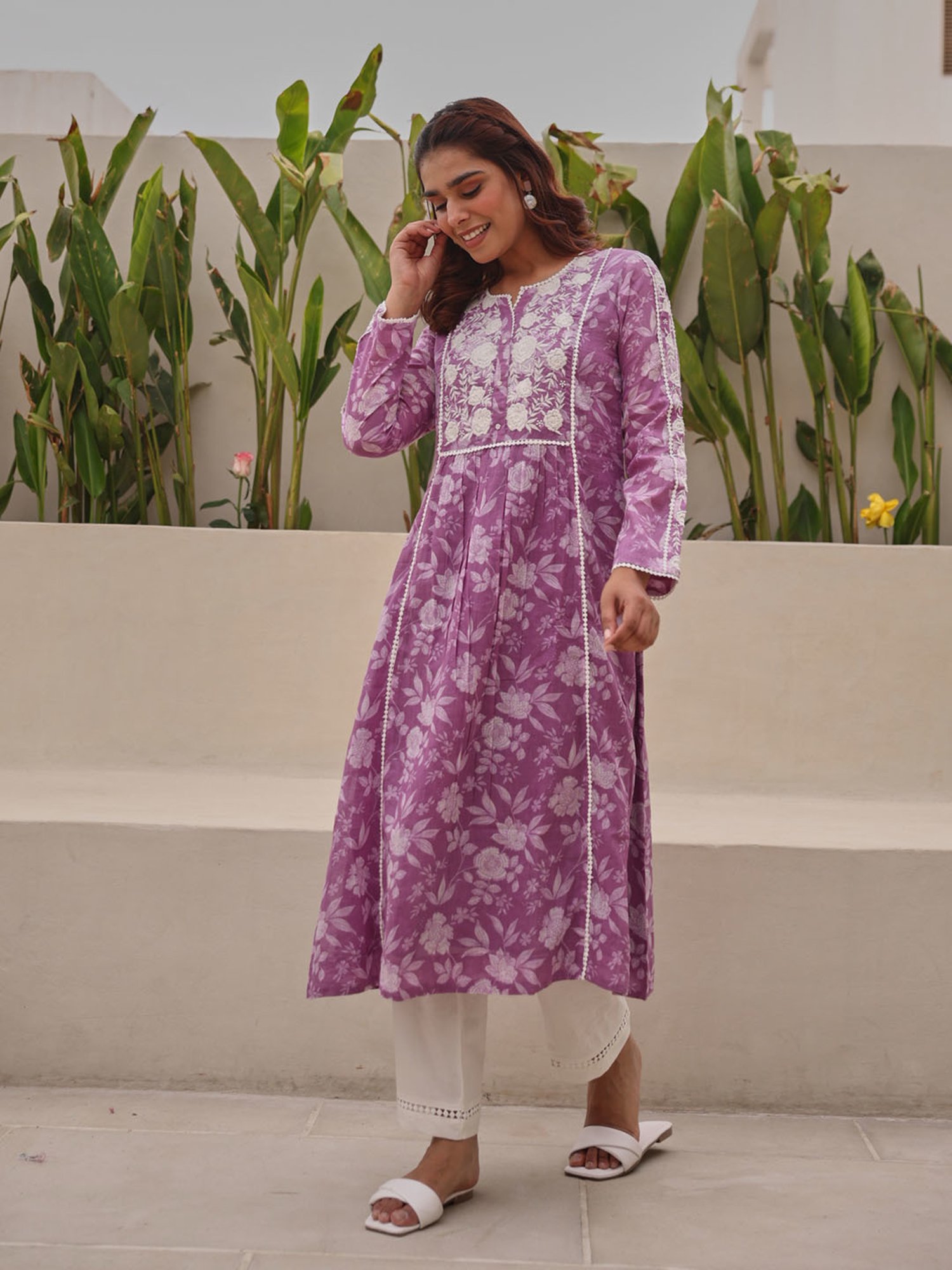 Ekohum Lavender Cotton Embroidered A Line Kurta