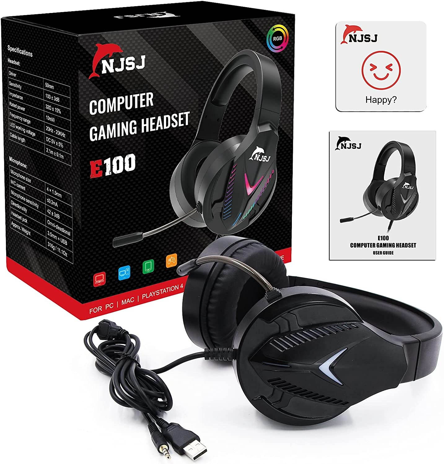 NJSJ Gaming Headset for PS4 PC Xbox One PS5 Controller, Gaming Headphones with Noise Canceling Microphone,Surround Sound,RGB LED Light,Soft Memory Foam Ear Pads for PC, Mac, Laptop, Cell Phones