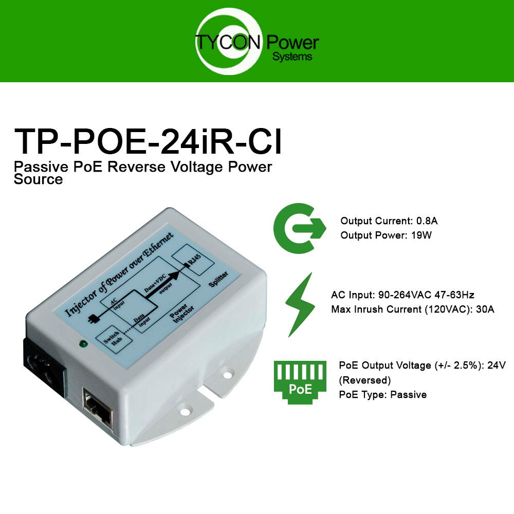 Tycon Power (TP-POE-24IR-CI) 24V 18W Rev Voltage POE Inserter