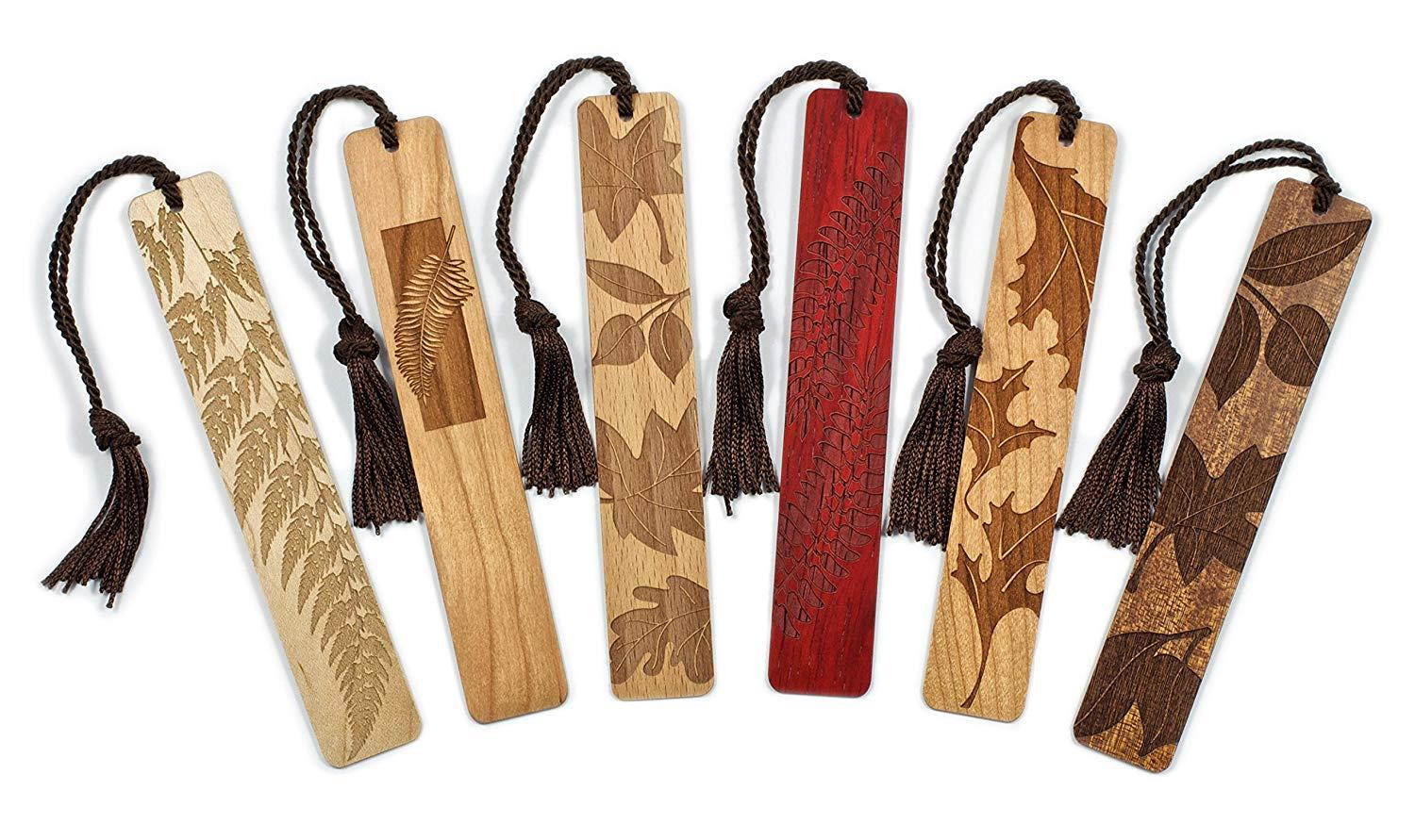 6 Pack of Leaves and Ferns- Engraved Wooden Bookmarks with Tassels