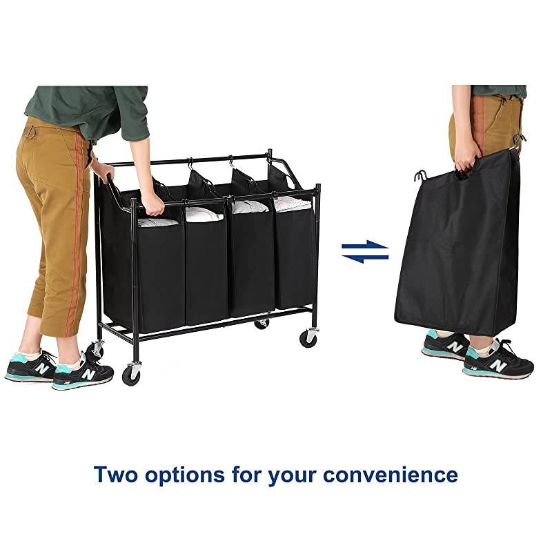 Rolling Laundry Cart Sorter with 4 Removable Bags Casters and Brakes Black