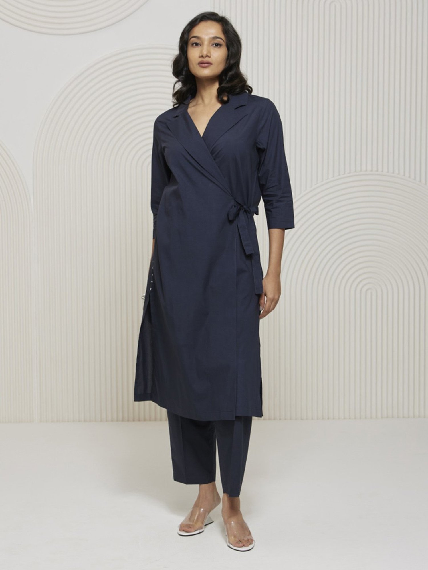 Artagai Midnight Navy Elevated Basics Co-Ord Set With Notch Collar Top And Straight Pants