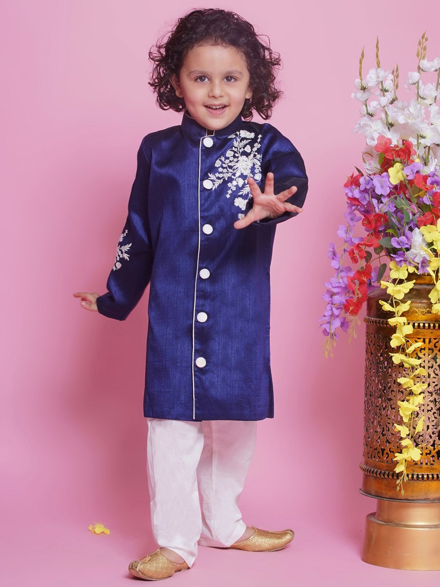 Little Bansi Kids Royal Blue & White Embroidered Full Sleeves Sherwani with Pyjamas