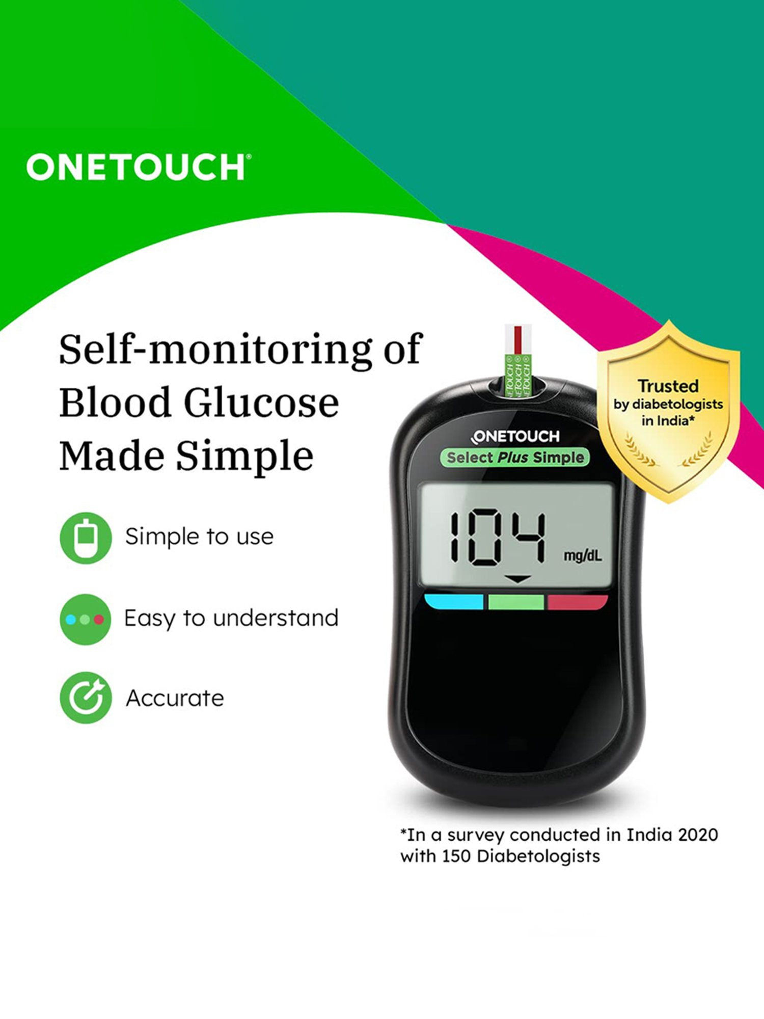 OneTouch Select Plus Simple glucometer combo with 50 Test Strips & 60 Ultrasoft Lancets