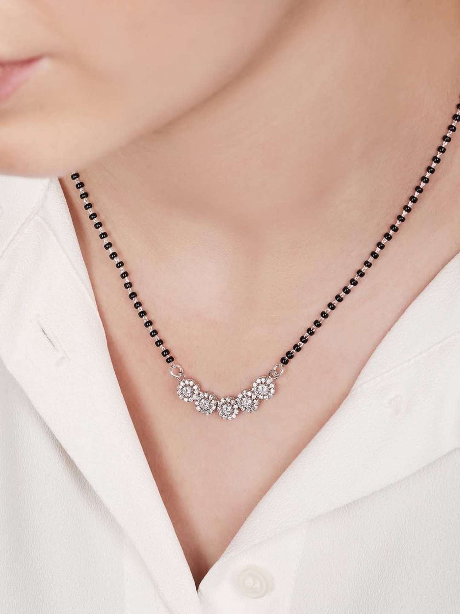 Zavya 925 Silver Rhodium-Plated Eternal Bloom CZ Black Beads Mangalsutra for Women