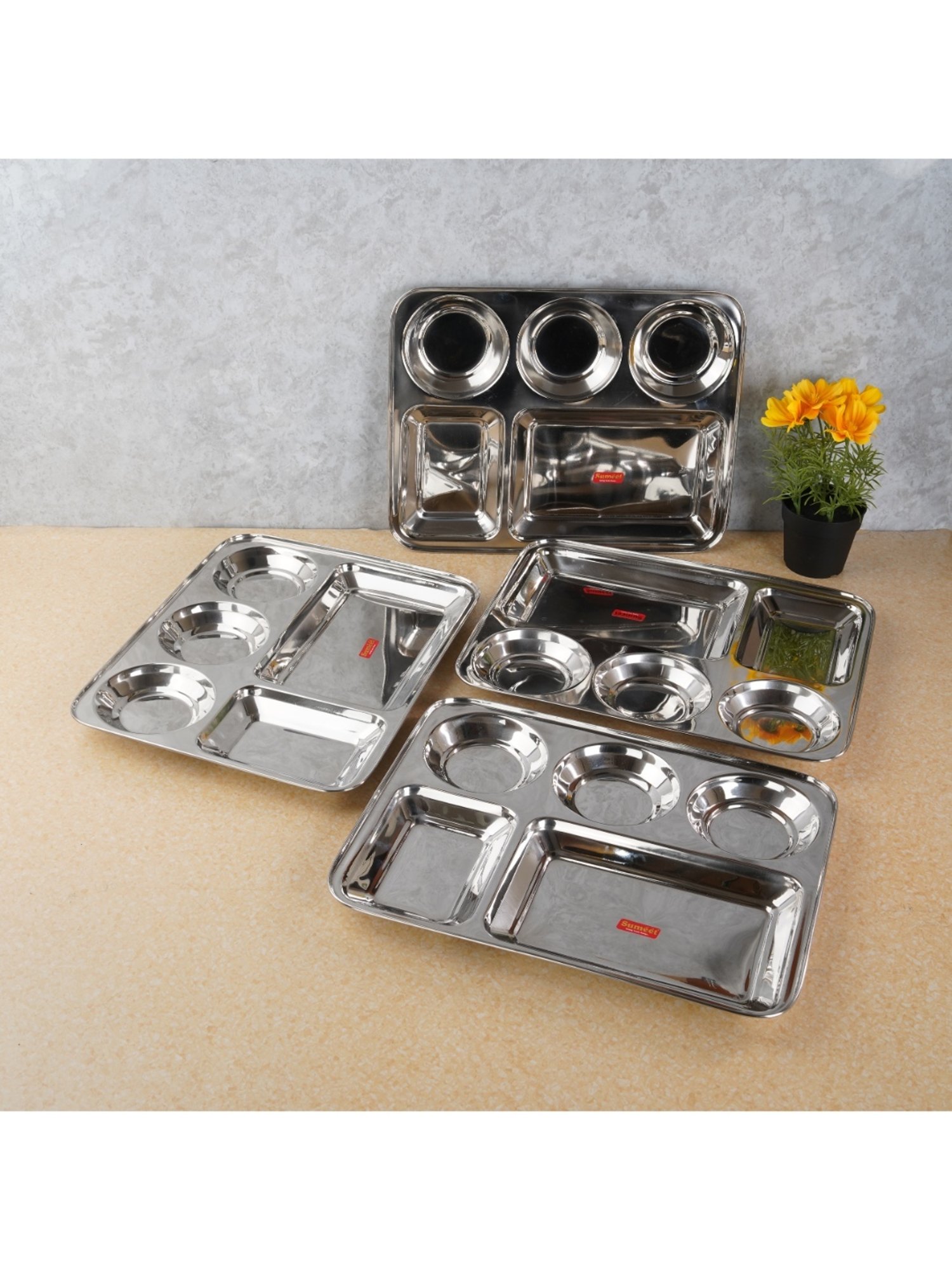 Sumeet S.S. Rectangular 5 in 1 Compartment Lunch/Dinner Plate Set of 4Pcs, 33.5cm Dia, Silver