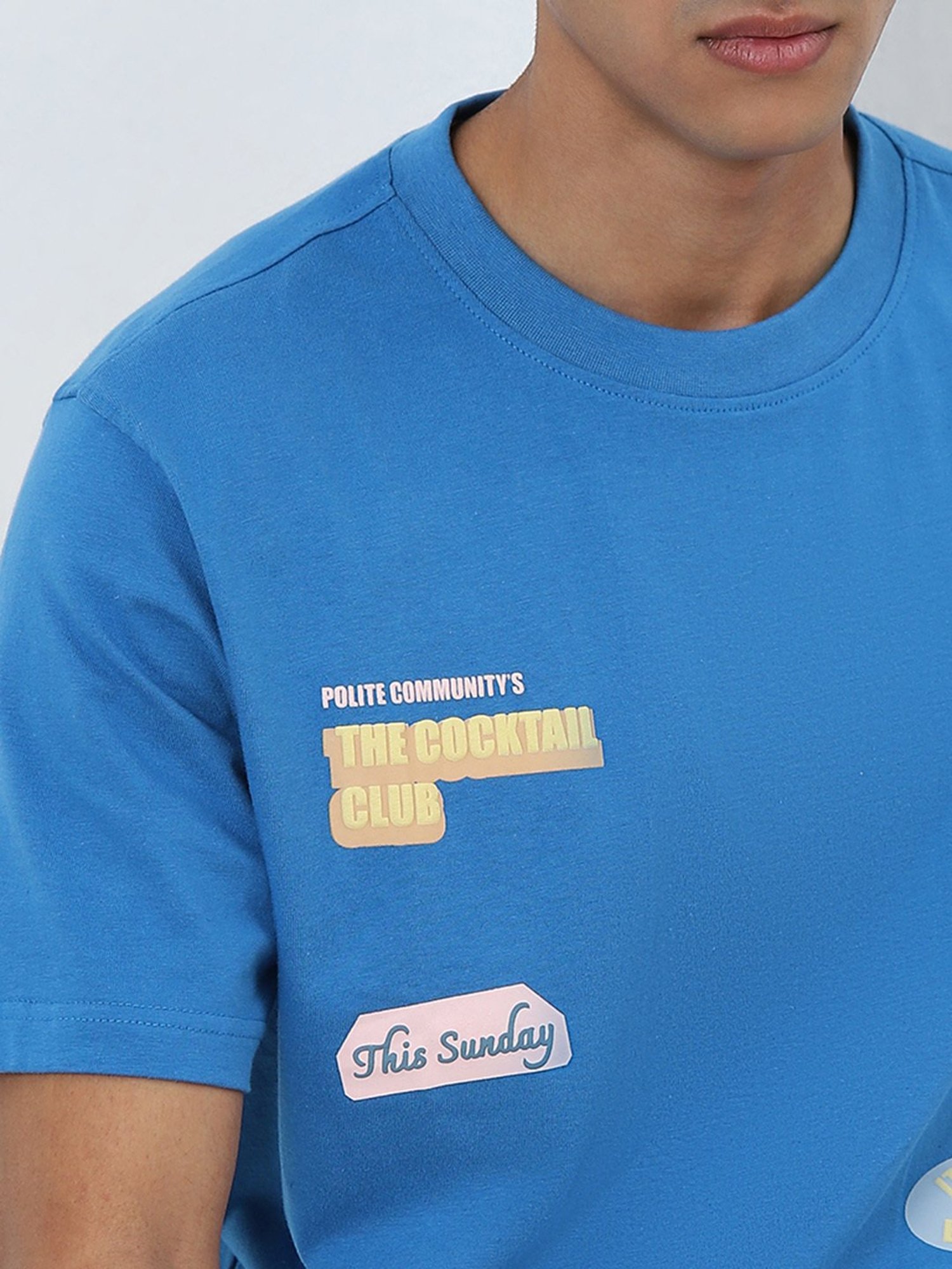 Nuon by Westside Blue Text Embossed Relaxed-Fit Cotton T-Shirt