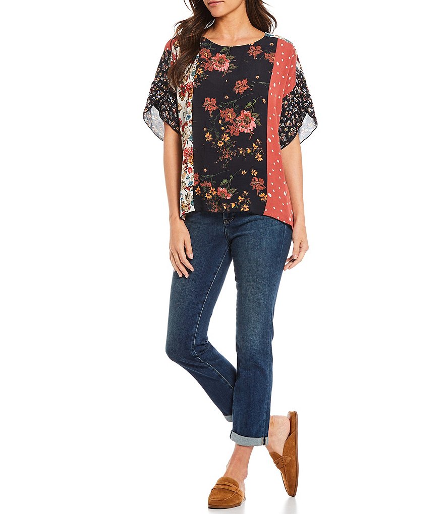 Tru Luxe Jeans Mixed Print Lace-Up Back Crew Neck Elbow Sleeve Crepe Top