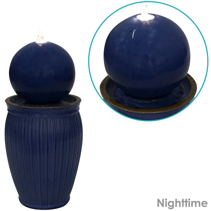 Sunnydaze 29"H Electric Glazed Blue Ceramic Orb on Pedestal Outdoor Water Fountain with LED Light