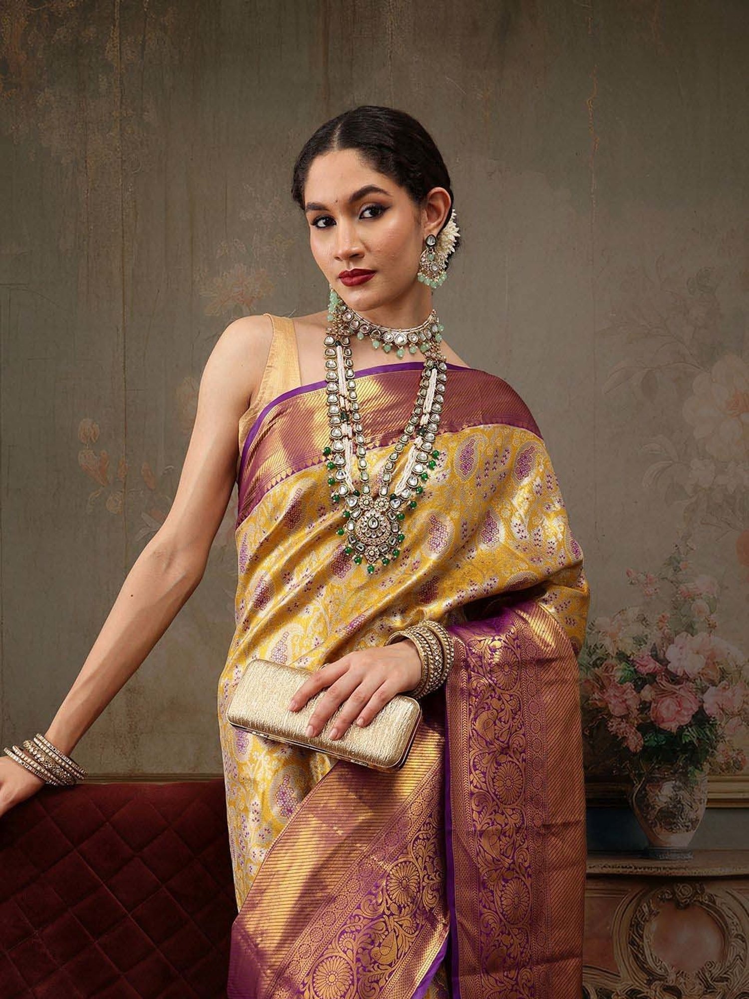 Silk Land Mustard Silk Woven Saree With Unstitched Blouse