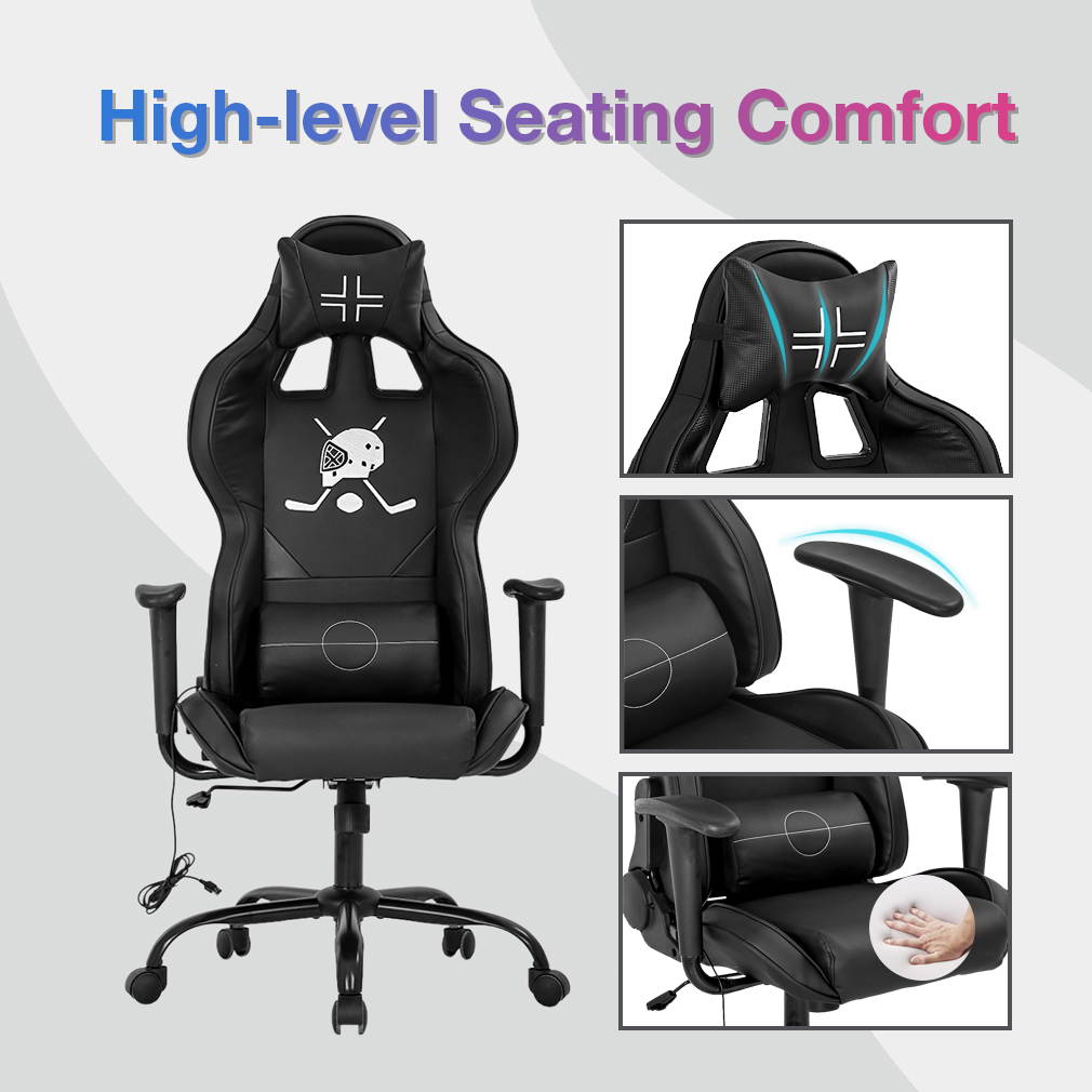 PC Gaming Chair Racing Office Chair Ergonomic Desk Chair with Lumbar Support Headrest Armrest Task Rolling Swivel PU Leather Adjustable E-Sports Massage Computer Chair for Adults(Black)