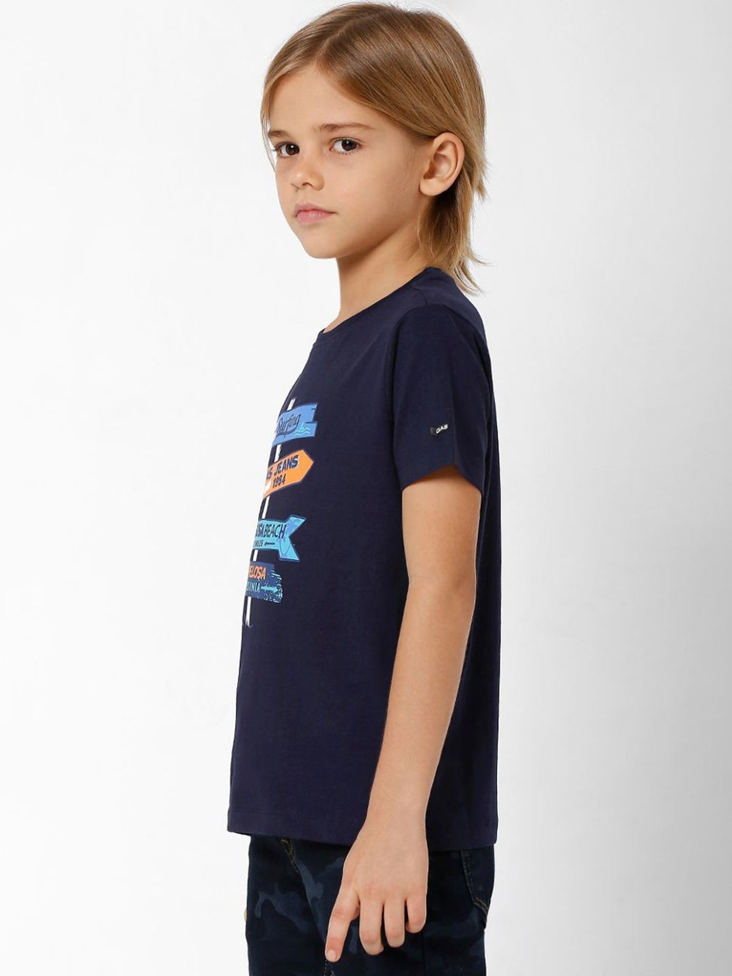 Gas Kids Navy Cotton Printed T-Shirt
