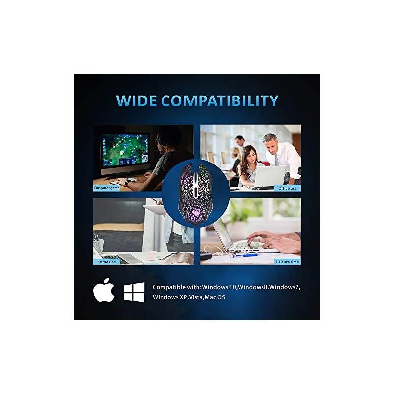 M2 Wireless Gaming Mouse Silent Rechargeable Optical USB Computer Mice Wireless with 7 Color LED Light Ergonomic Design 3 Adjustable DPI Compatible with LaptopPCNotebook 6 Buttons Black