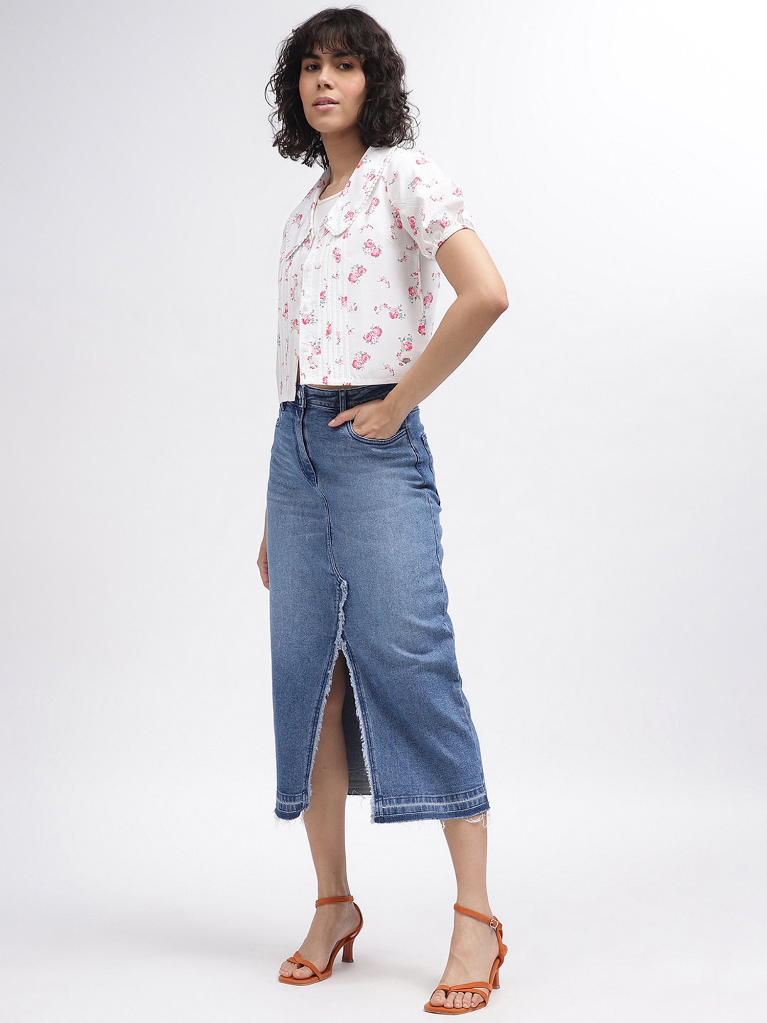 Elle Blue Cotton Midi Skirt