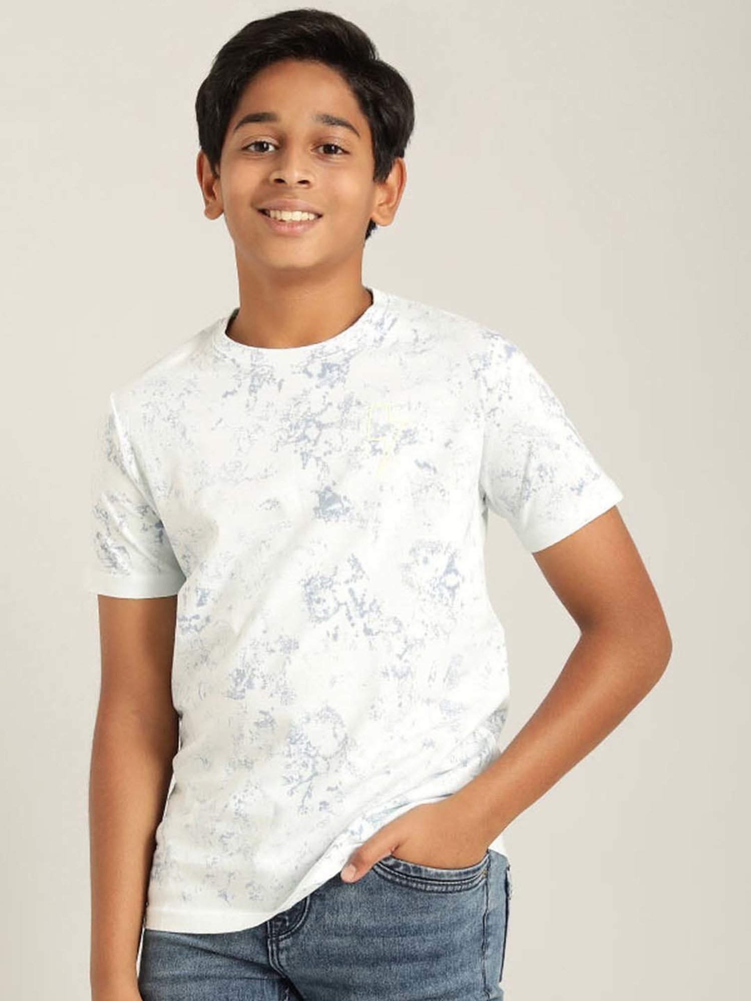 Indian Terrain Kids White & Blue Cotton Printed T-Shirt